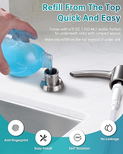 Miniatura 4 de Dispensador de jabón para fregadero de cocina, níquel cepillado, dispensador de jabón integrado, cabezal de bomba de ABS con botella recargable,