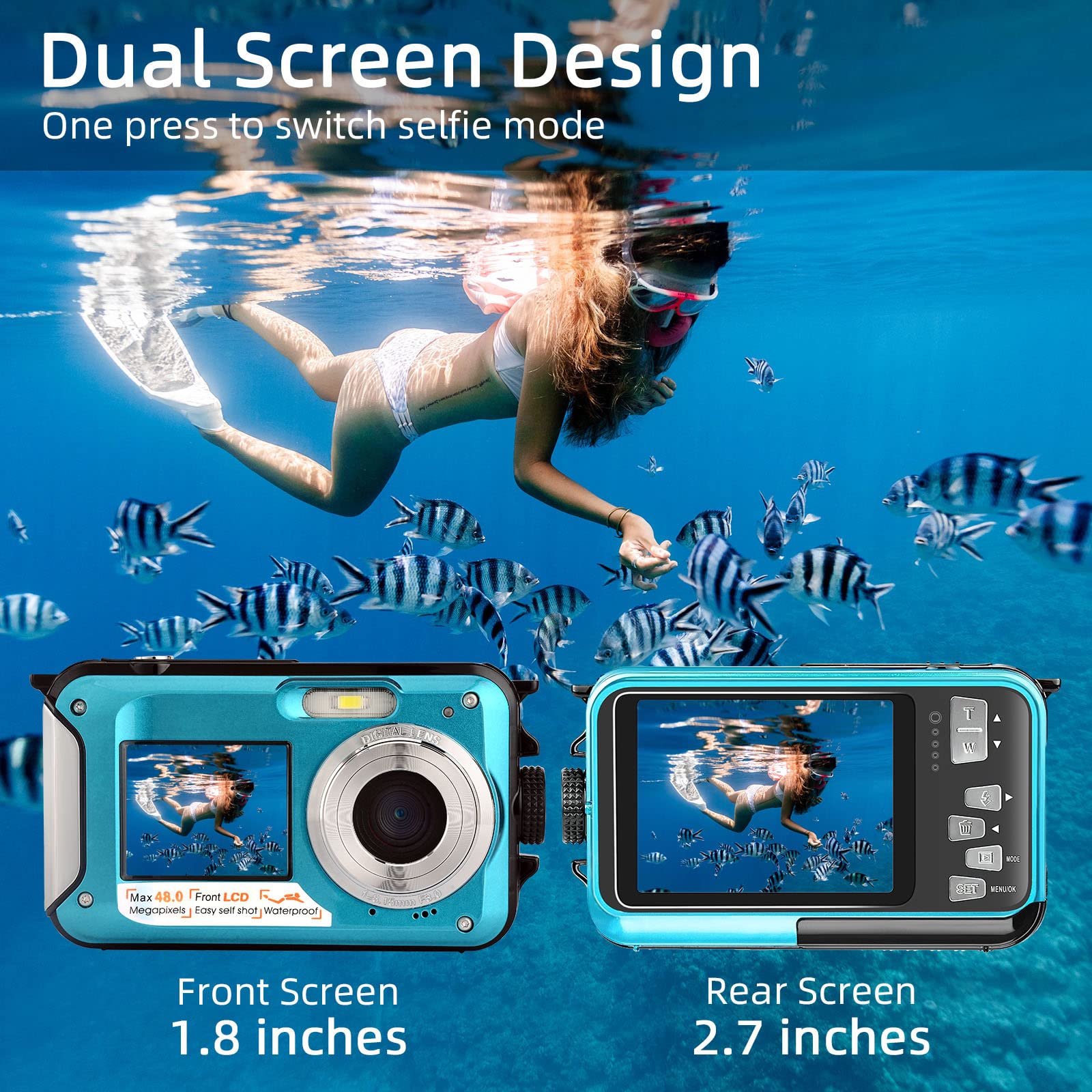 Fotocamera Subacquea VAYOTOY Con Zoom Digitale 16X, 2.7K Full HD E 48MP, Doppio Schermo E Impermeabile, Perfetta Per Immersioni E Avventure Acquatiche
