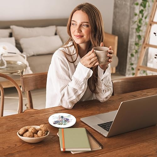 Miniatura 5 de Juego de 4 posavasos redondos de flores silvestres de libélula de 4 pulgadas, posavasos absorbentes de piedra de cerámica con base de corcho,