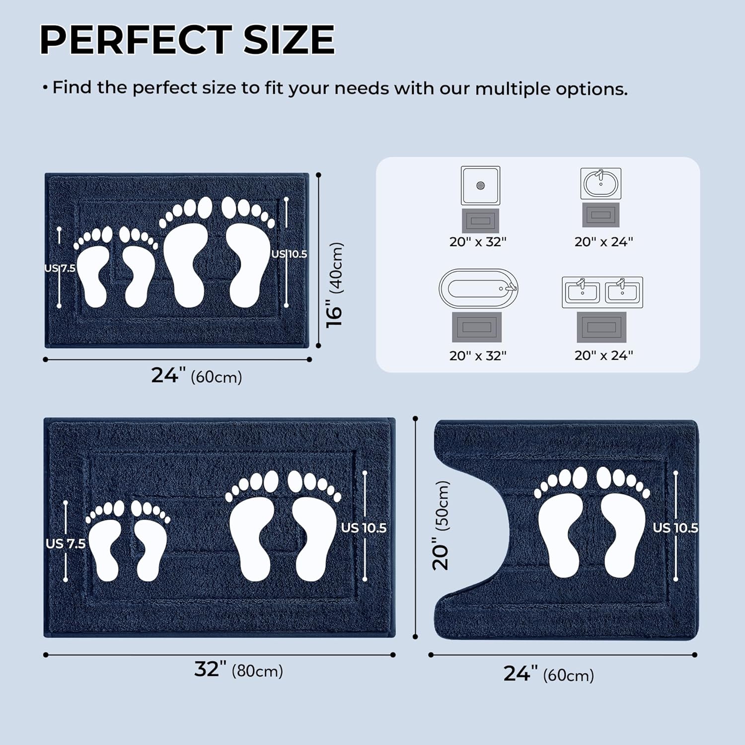 GRANNY SAYS Bathroom Rugs Sets 3 Piece, Soft Absorbent Microfiber Bath Mats for Bathroom Non Slip Washable, U-Shaped Toilet Bath Rugs for Tub Shower (Blue, 16" x 24" + 20" x 32" + U Shaped 20" x 24")