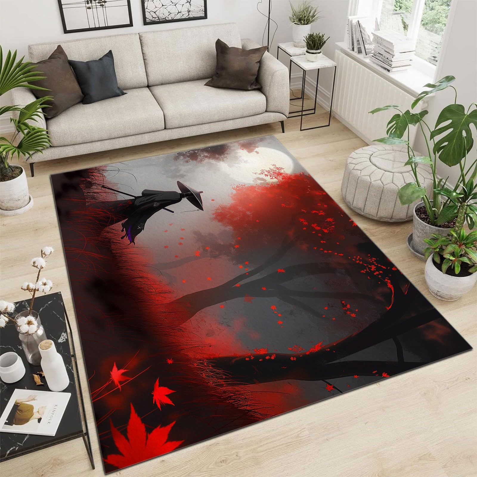 Tapis Chambre Anime Samouraï Arbre Rouge 80x150 cm Tapis de Salon Style Moderne Tapis Salon Doux à Poils Courts Tapis Antidérapant Intérieur Moelleux pour Salon Chambre