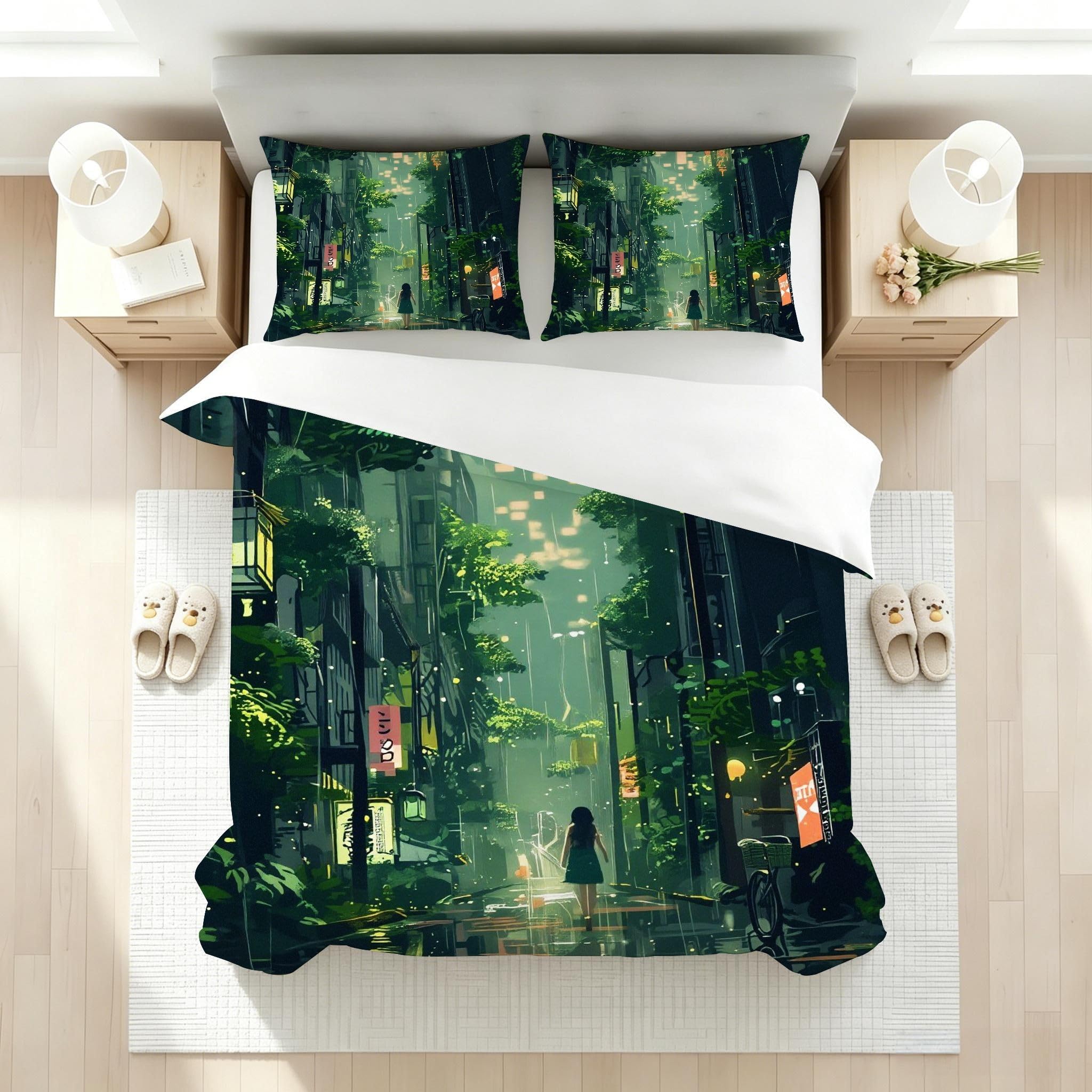 Copripiumino Matrimoniale Città Verde 260x240, ZW834 | Traspiranti Durevoli Microfibra, per Tutta la Famiglia, Matrimoniale, per Tutte le Stagioni, con 2 Federe 50x80 cm