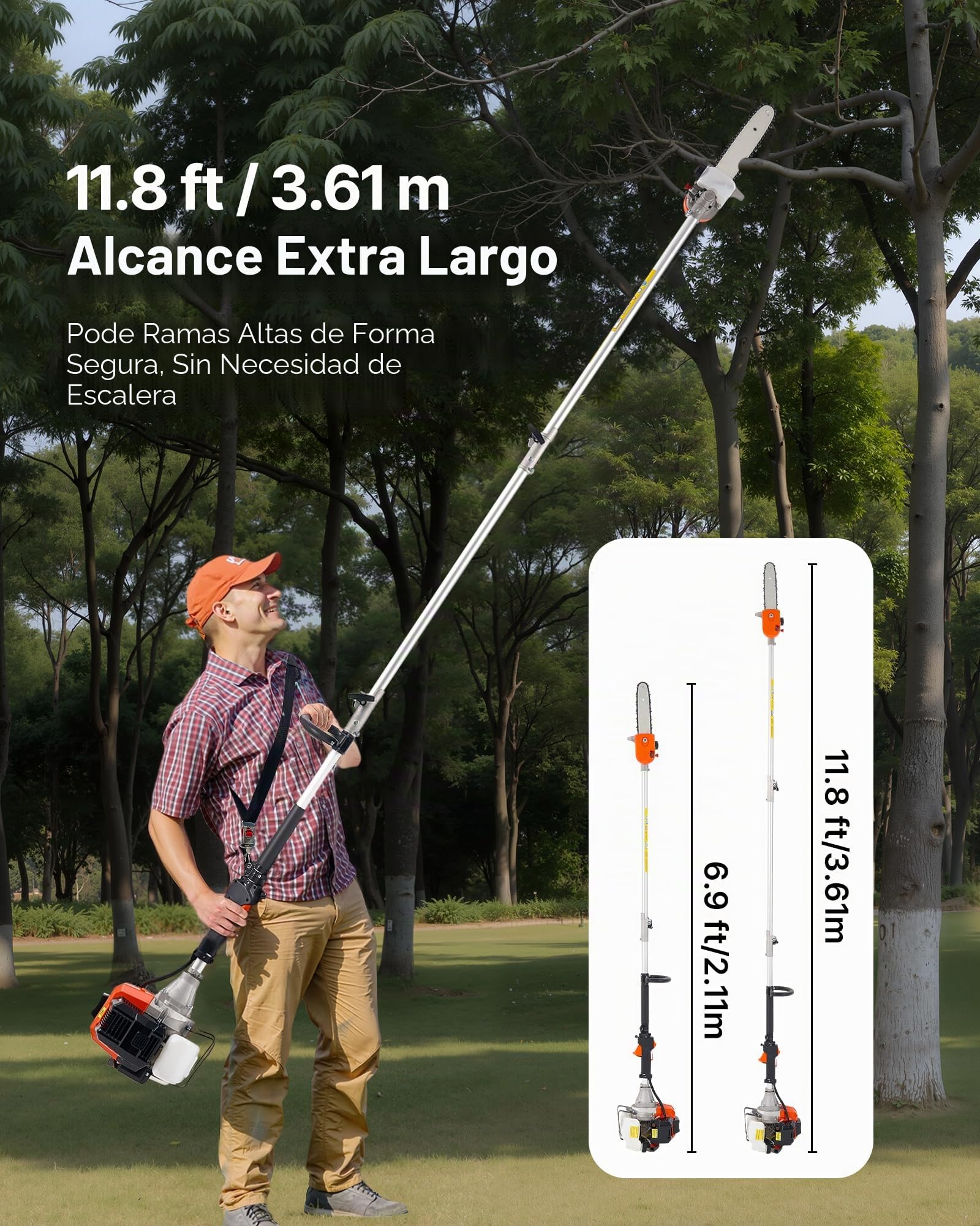 VEVOR Motosierra de Pértiga a Gasolina, Motosierra Inalámbrica de 43 cc y 2 Tiempos con Barra de Corte de 25,4 cm, Cabezal Giratorio, y Extensible de 2,11 a 3,61 m para Podar Árboles, Naranja