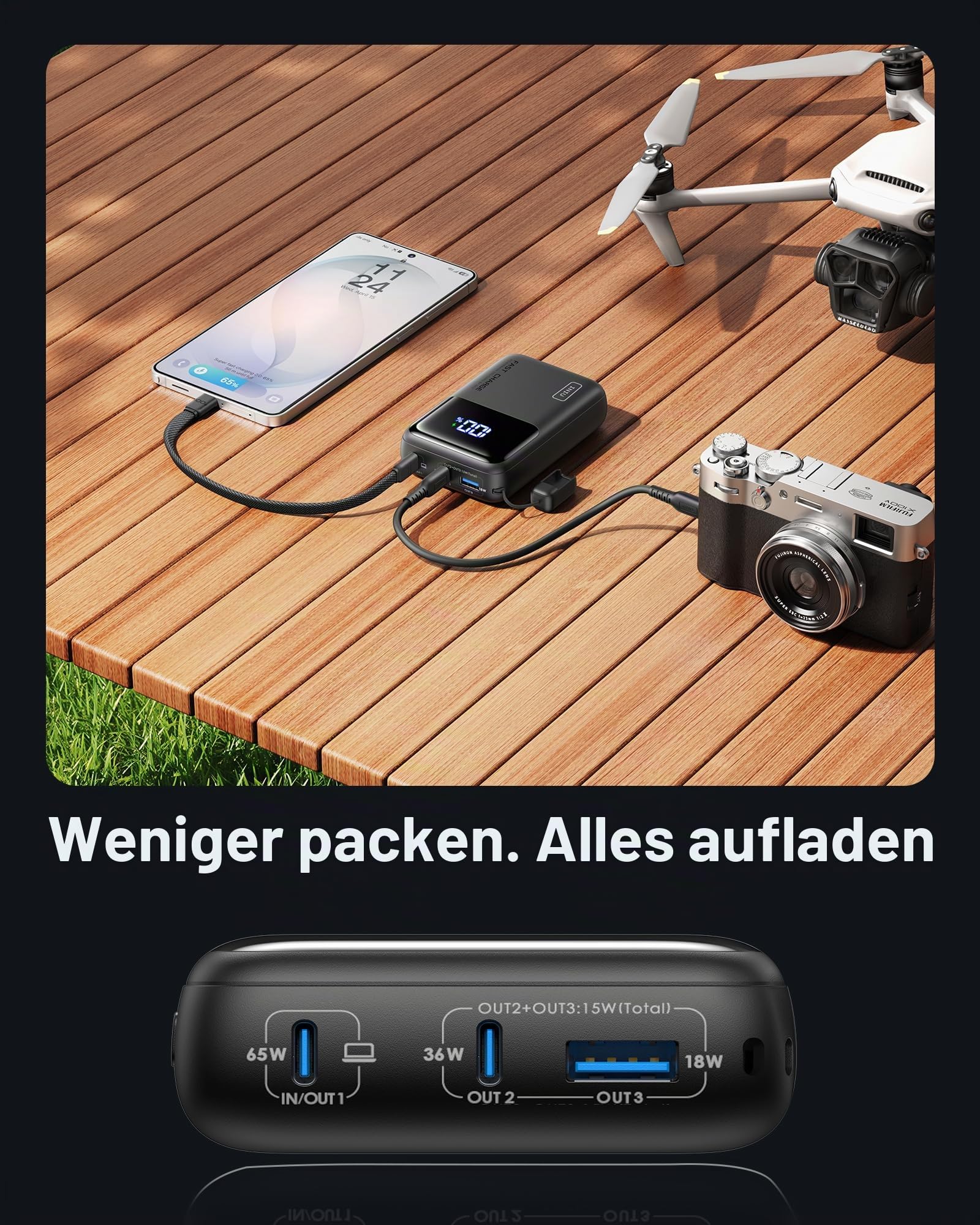 INIU 65W Laptop Power Bank, Small 20000mAh Schnellladung Externe Handyakkus | Angebrachtem USB C Kabel, Flugtauglich, Reise-Essential, für MacBook, Steam Deck, iPhone 17/16/15 Pro, Samsung, iPad uvm