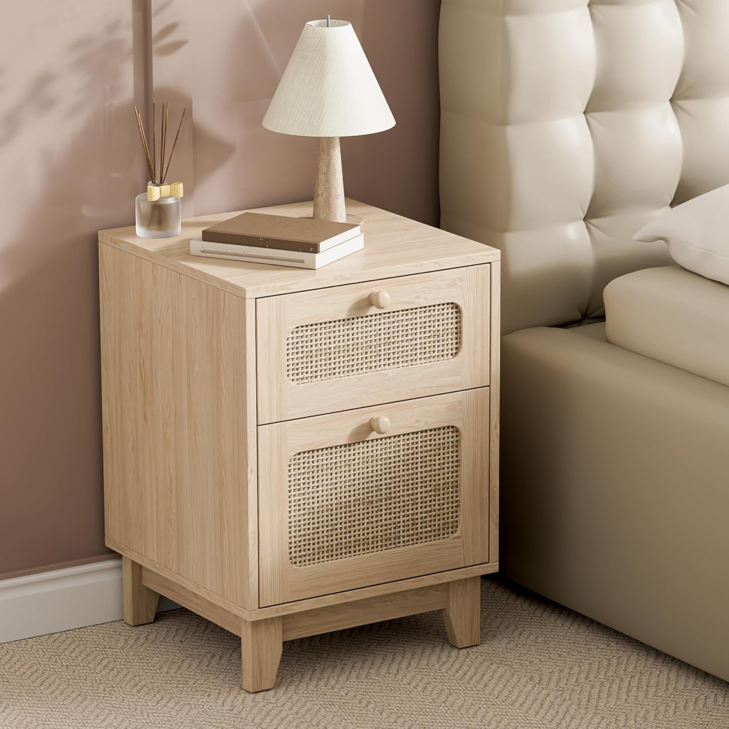 Rattan Nightstand Set of 2, Wicker Rattan Night Stand with Storage Drawer, Boho Bedside Table for Bedroom, Dorm and Small Spaces, Natural