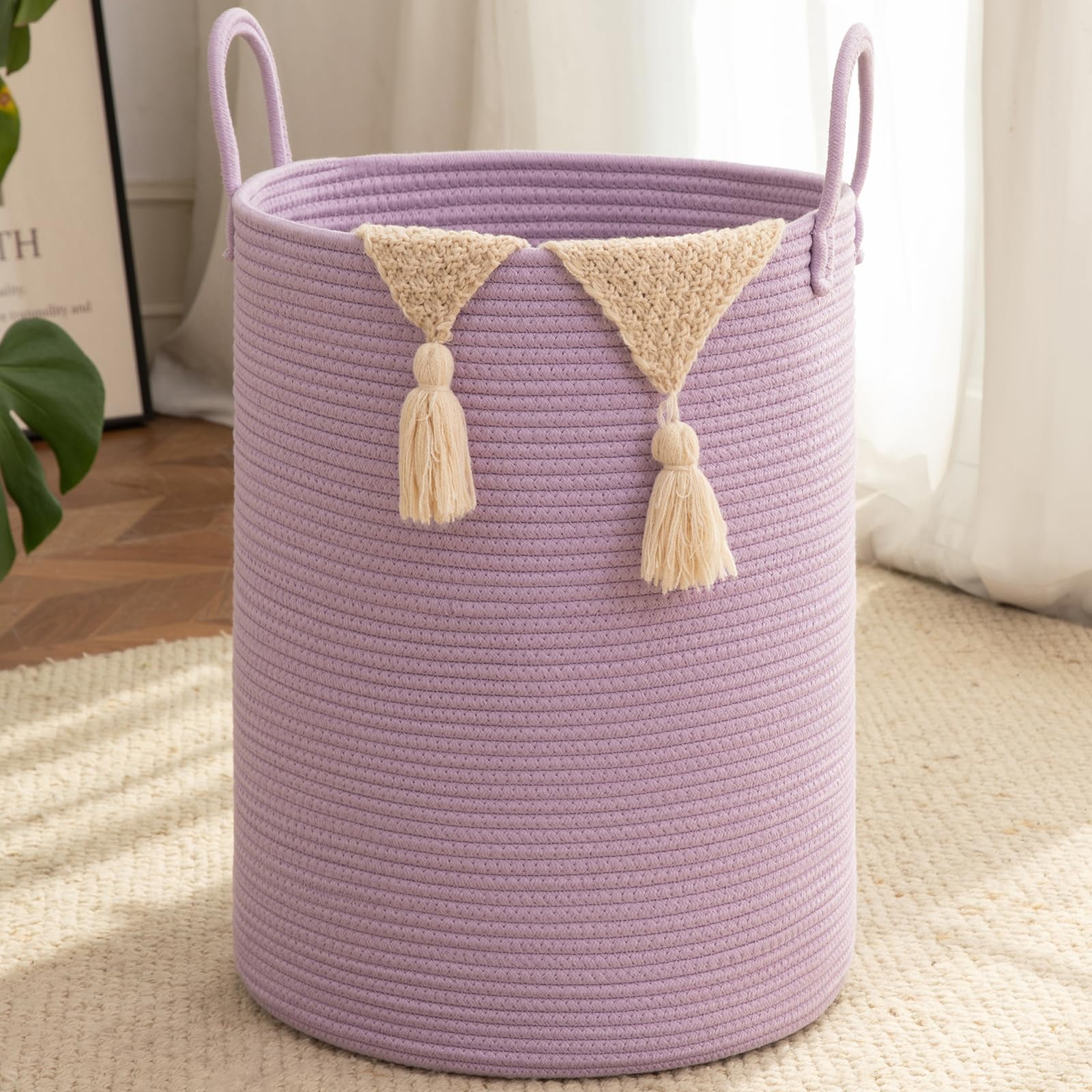 Oiahomy Purple Woven Laundry Basket, 60L Nursery Hamper For Living Room, Bathroom And Baby Nursery, Cotton Rope Laundry Hamper For Blankets, Toys And Dirty Clothes,