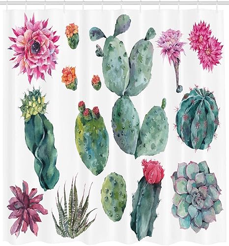 Miniatura 2 de Ambesonne Cortina de ducha de naturaleza, diseño botánico del desierto de dibujos animados de plantas de cactus con estampado de picos, juego de