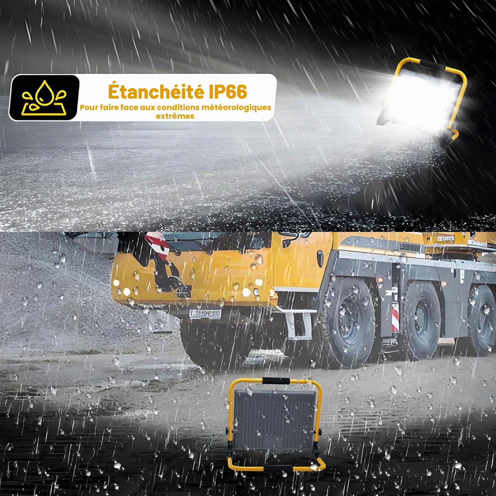 100W Projecteur LED Chantier avec 2M Câble, Tkdaksy Lampe Chantier avec Prise, Projecteur Chantier Led Lampe 10000LM, IP66 Étanchéité, 6500K,Support Pliable Portable, pour Ateliers, Chantiers, Garages