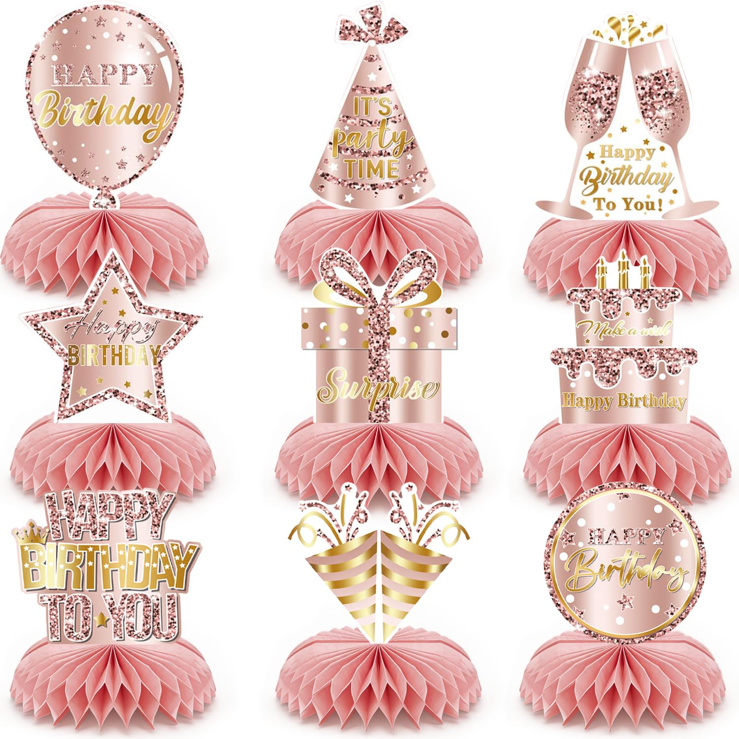 BEZHO 9 Pcs Birthday Table Decorations, Party Table Decorations | Birthday Honeycomb Decorations Honeycomb Centerpieces | Pink Table Decorations Birthday Decor Photo Props for Women Girls (Pink Gold)