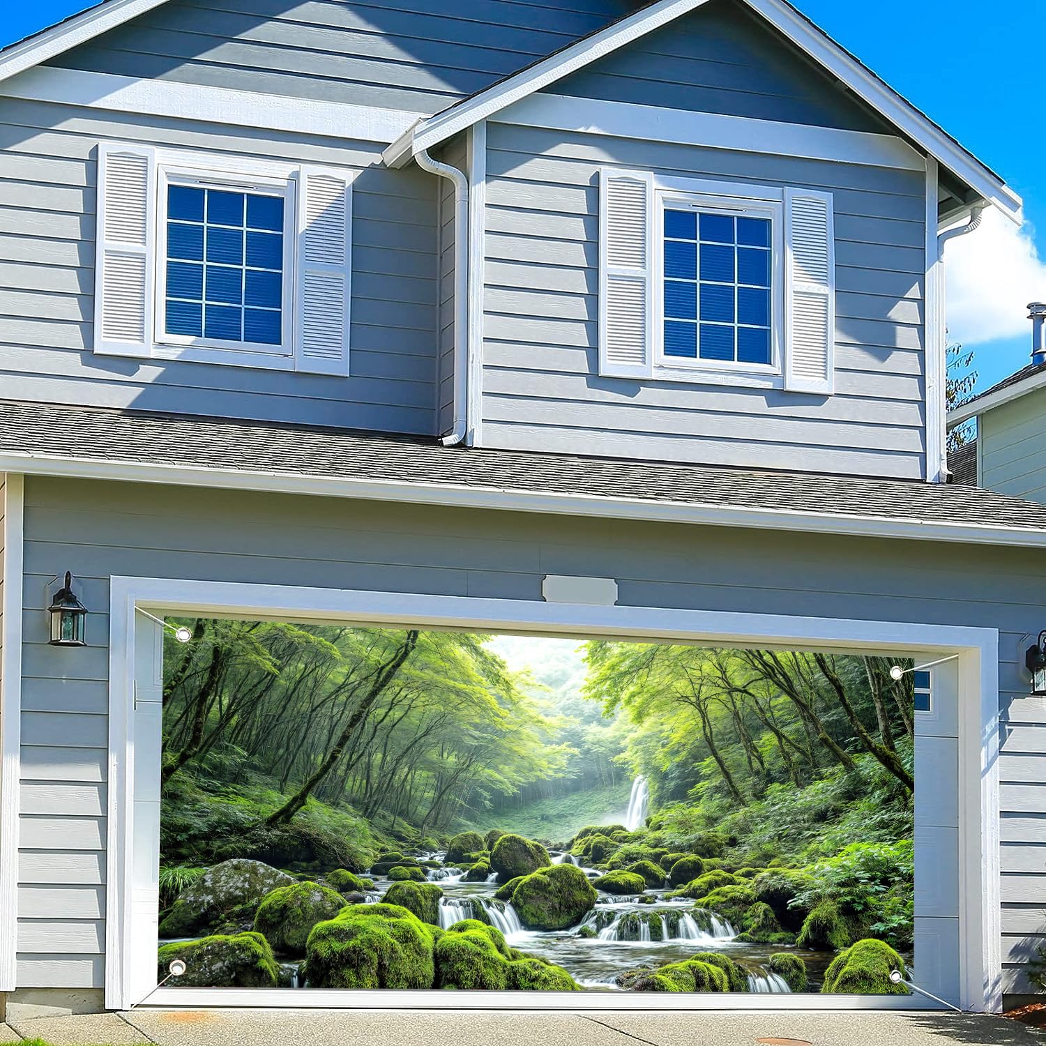 16X7FT Spring Summer Forest Garage Door Decorations Tropical Forest Woodland Door Cover Garage Door Banner for Outdoor Indoor Nature Waterfall Kids