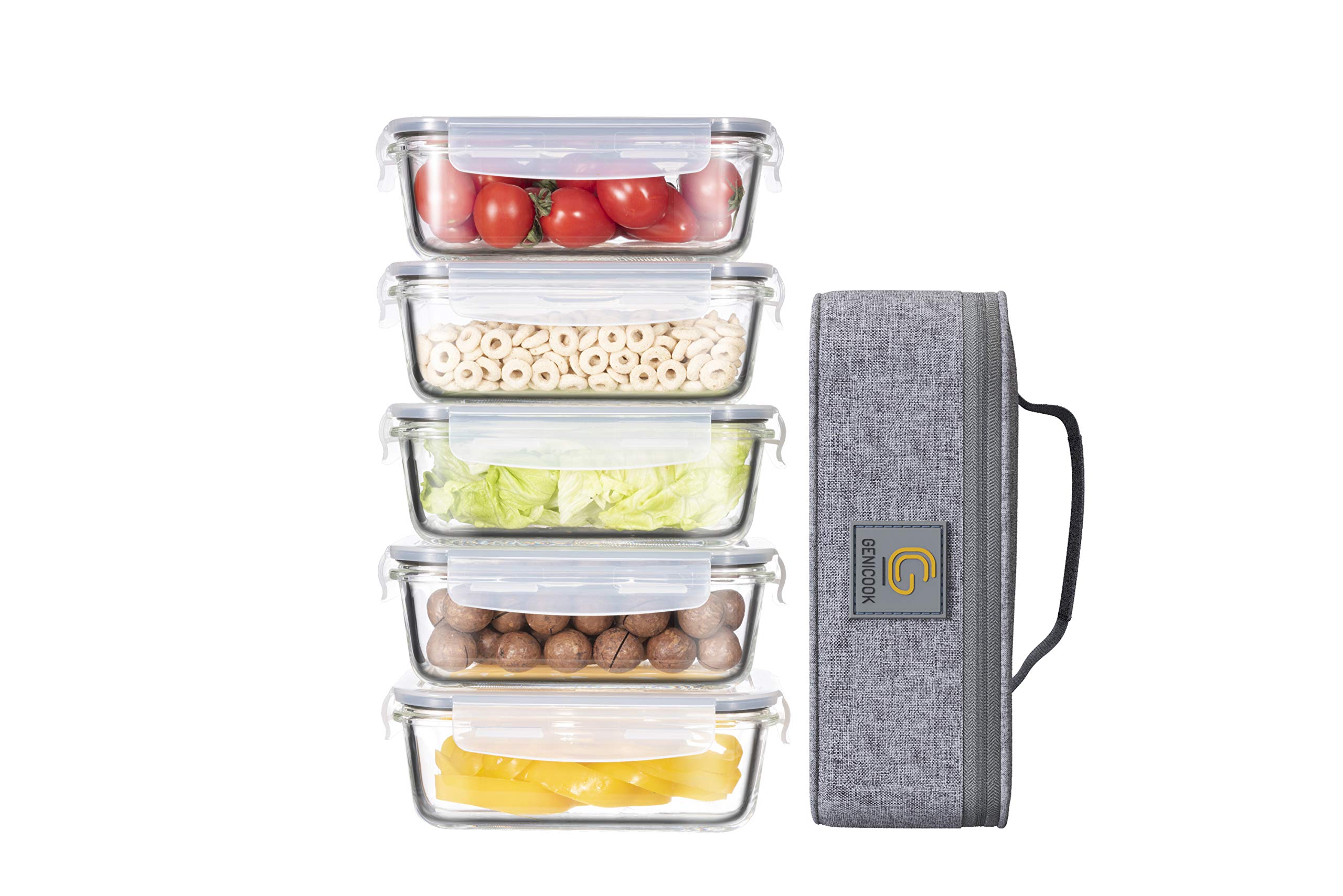 GENICOOK Lunchbox Boîte à lunch bento avec sac à lunch/bocaux en verre parfait pour la préparation des repas (5 * 840 ml)