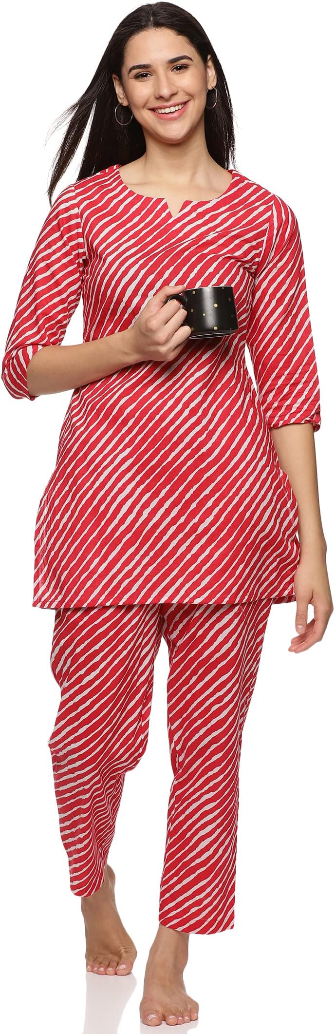 RAJMANDIRFABRICSWomen's Cotton Printed Night Suit Top and Pyjama Set (Red & White), Red & White, 42