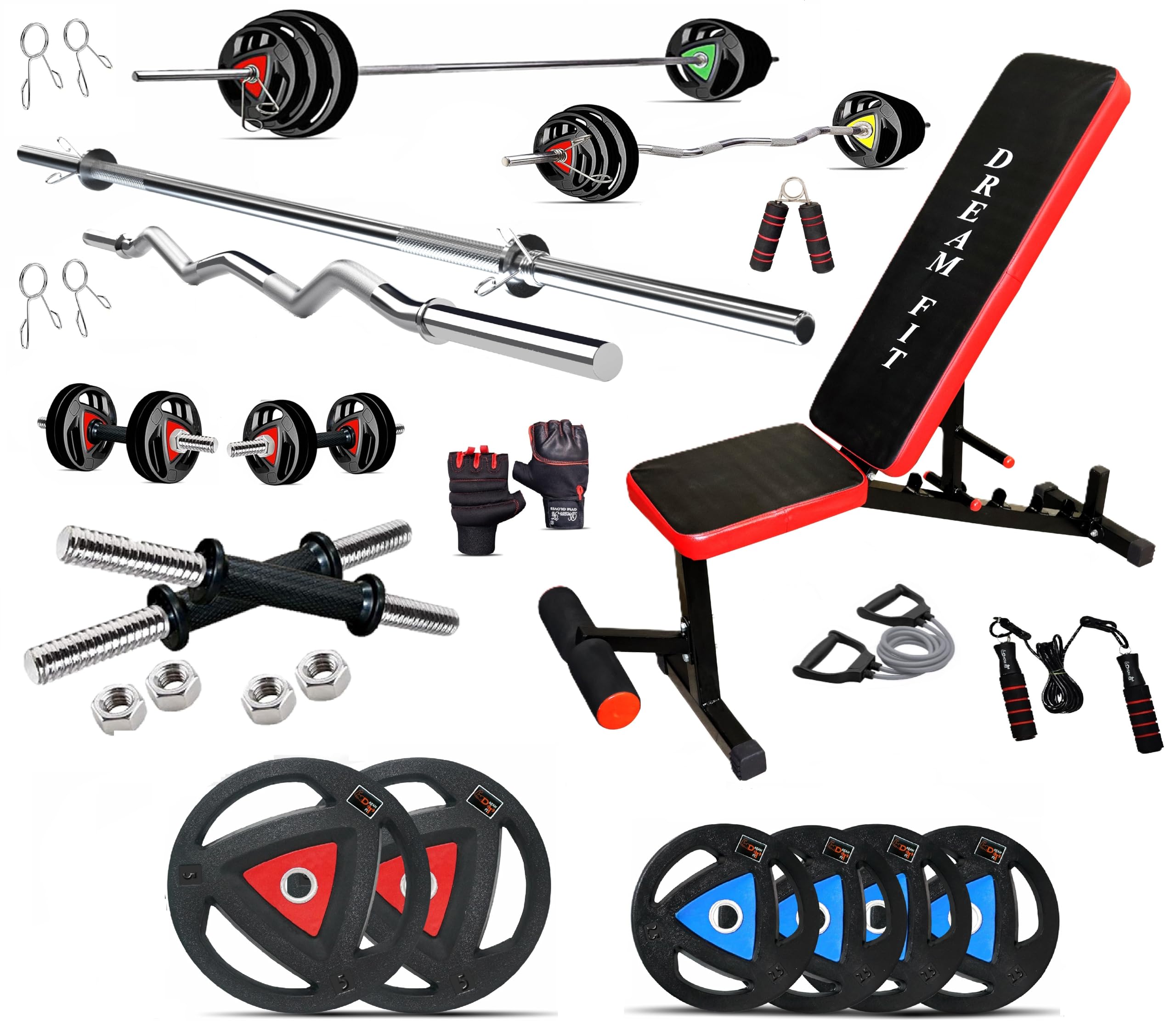 DREAM FIT Metal Integrated Rubber Coated Plates Combo:20Kg Home Gym Set with Adjustable Gym Bench, 23mm3ft curl Rod, 23mm5ft Straight Rod, 1 Pair Dumbbell rods with hexnuts & Accessories (20kg Set)-image-8