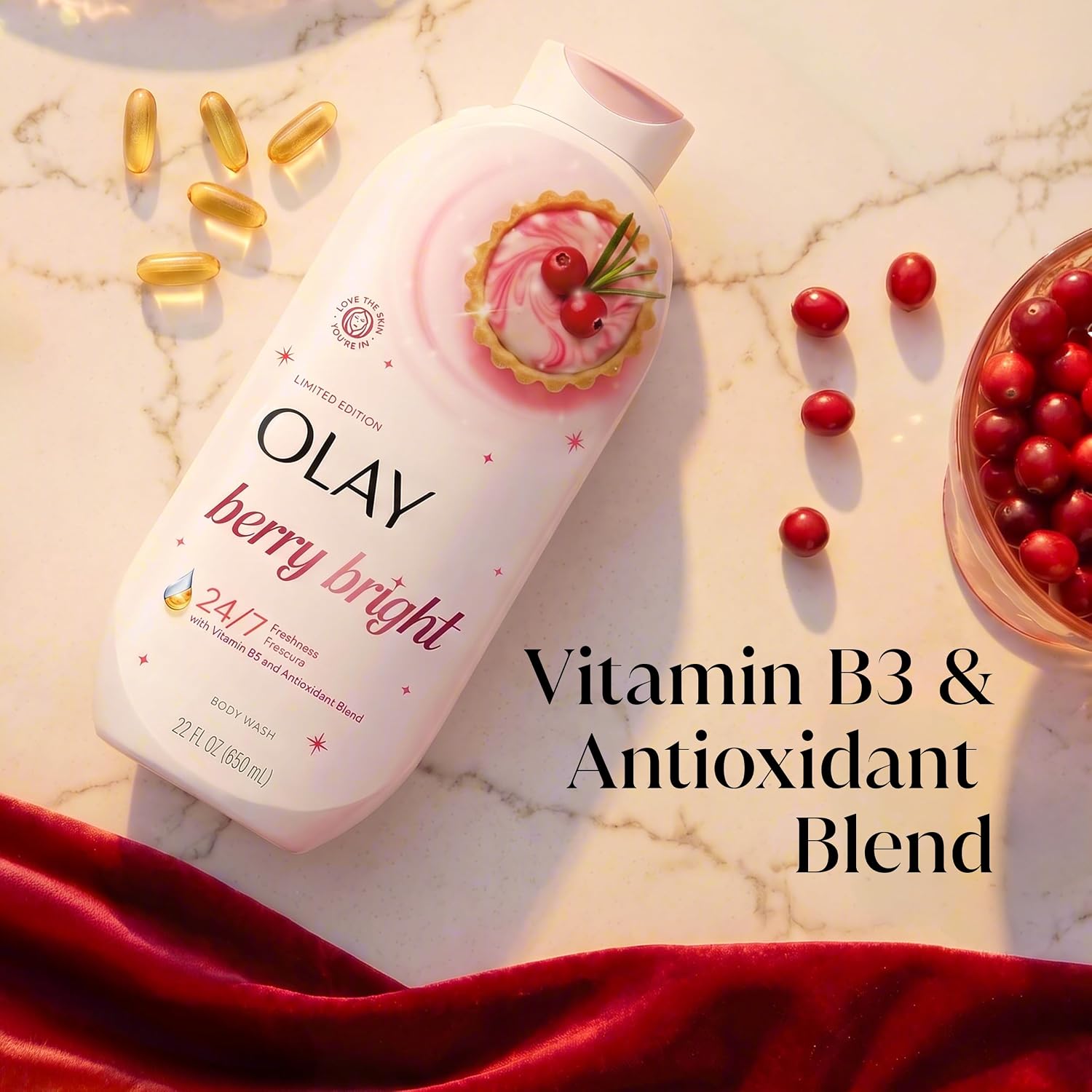 Olay Body Wash for Women, 24/7 Holiday Freshness, Plant Based Cleansers, Vitamin B3 & Antioxidant Blend, For All Skin Types, Berry Bright Scent with Notes of Cranberry, Orange, & Raspberry, 22 fl oz image 3