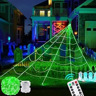 Maxee 315 LED Halloween Spinnennetz Lichter Deko, 5m Riesen Lichternetz mit 26m Lichterkette & Fernbedienung (8 Lichtmodi &Timer), Netz Lichter Dekoration für Garten Innen Außen - Grün