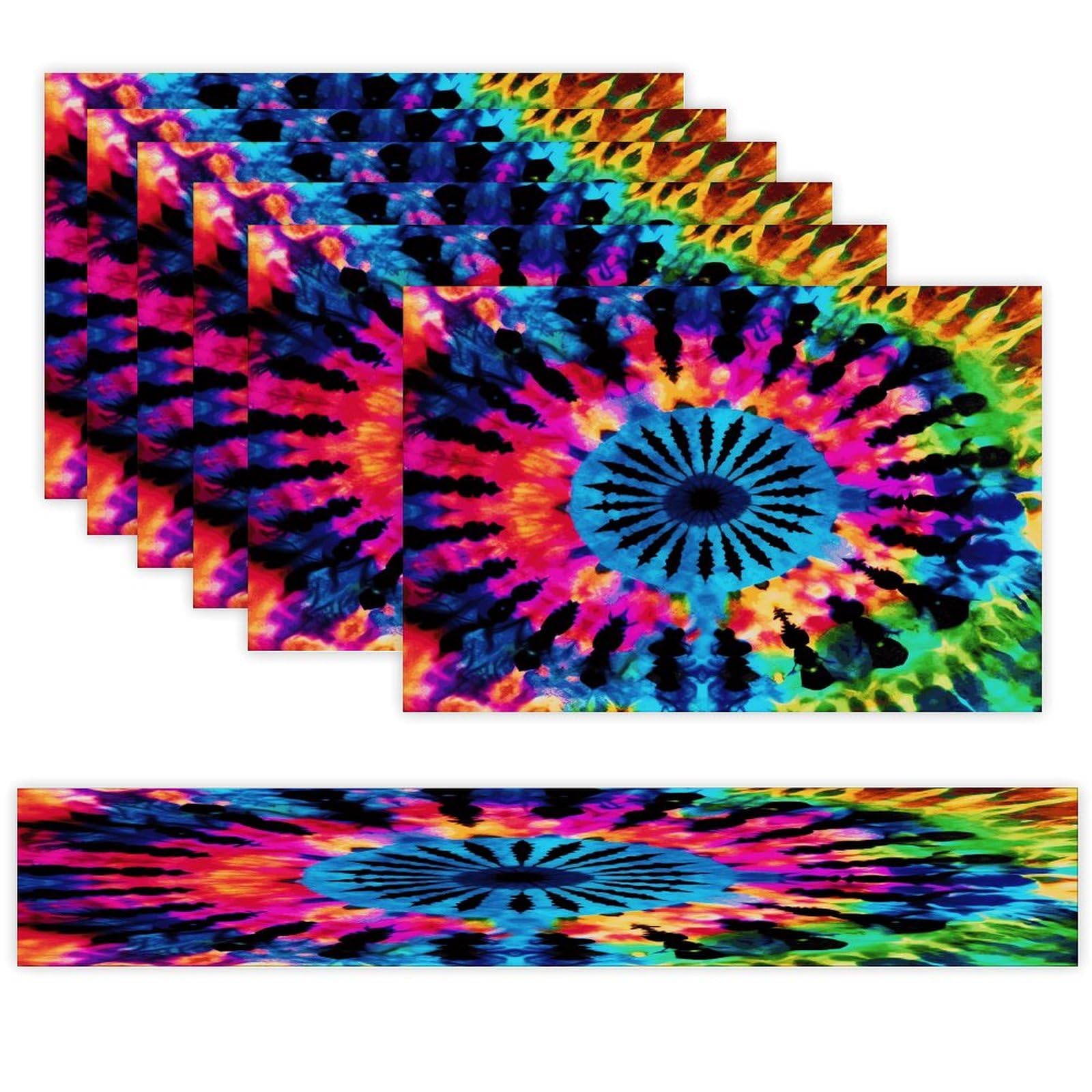 Exotic Tribe Tie Dye Style Table Runner and Placemats Set of 6 Heat Resistant Washable Linen Place Mats Farmhouse Long Table Runner Xmas Kitchen Table Mats Art Dining Table Decor for Daily Use