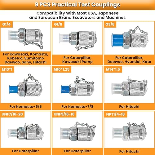 Miniatura 39 de Kit de prueba de presión hidráulica 60P con 5 calibradores, 24 acoplamientos, 3 mangueras de prueba para maquinaria de construcción de excavadoras