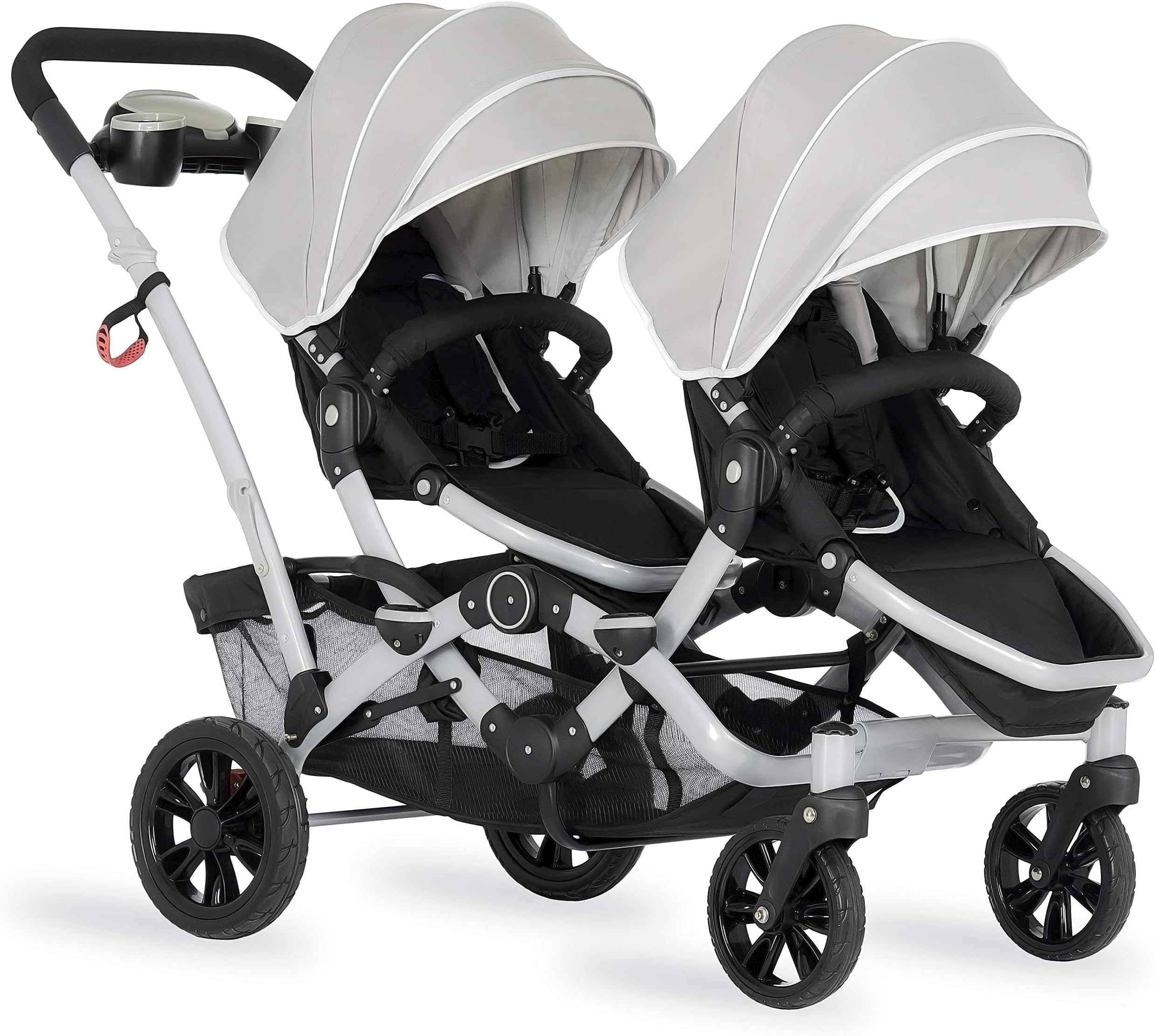 Dream On Me Track Tandem Double Umbrella Stroller in Light Grey, Lightweight Double Stroller for Infant and Toddler, Multi-Position Reversible & Reclining Seats, Large Storage Basket and Canopy