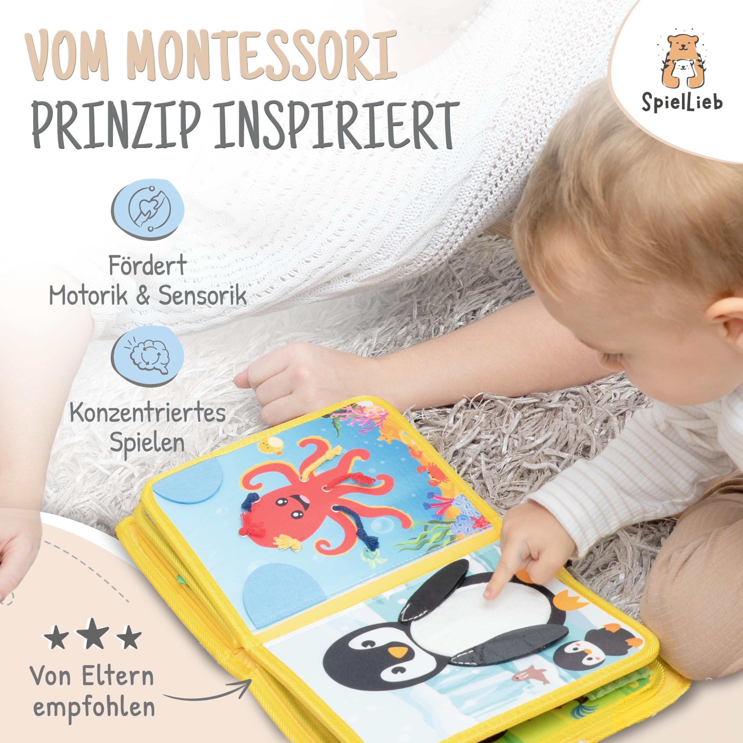 SpielLieb® Montessori Quiet Book ab 1 Jahr - interaktives Busy Board ab 1 Jahr mit Tieren - Quiet Book & Motorikspielzeug, ideale Beschäftigung für Autofahrten - Geschenk Junge & Mädchen (Gelb)