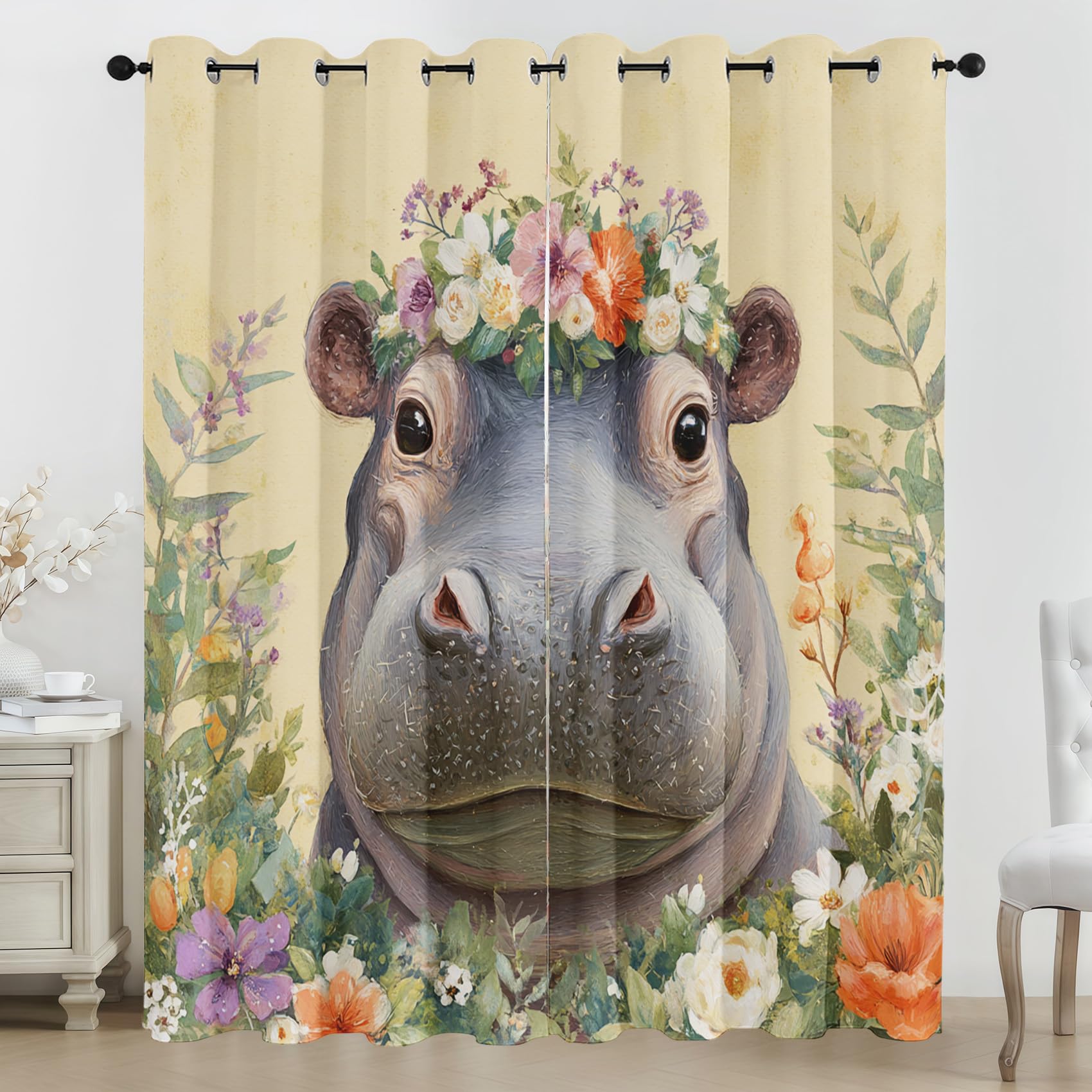 Cute Hippo Eyelet Curtains, 3D Flower Animal Print Blackout Curtains, 2 Panels Room Darkening Thermal Insulated Window Drapes for Living Room Bedroom, 90 x 108 Inch G61z