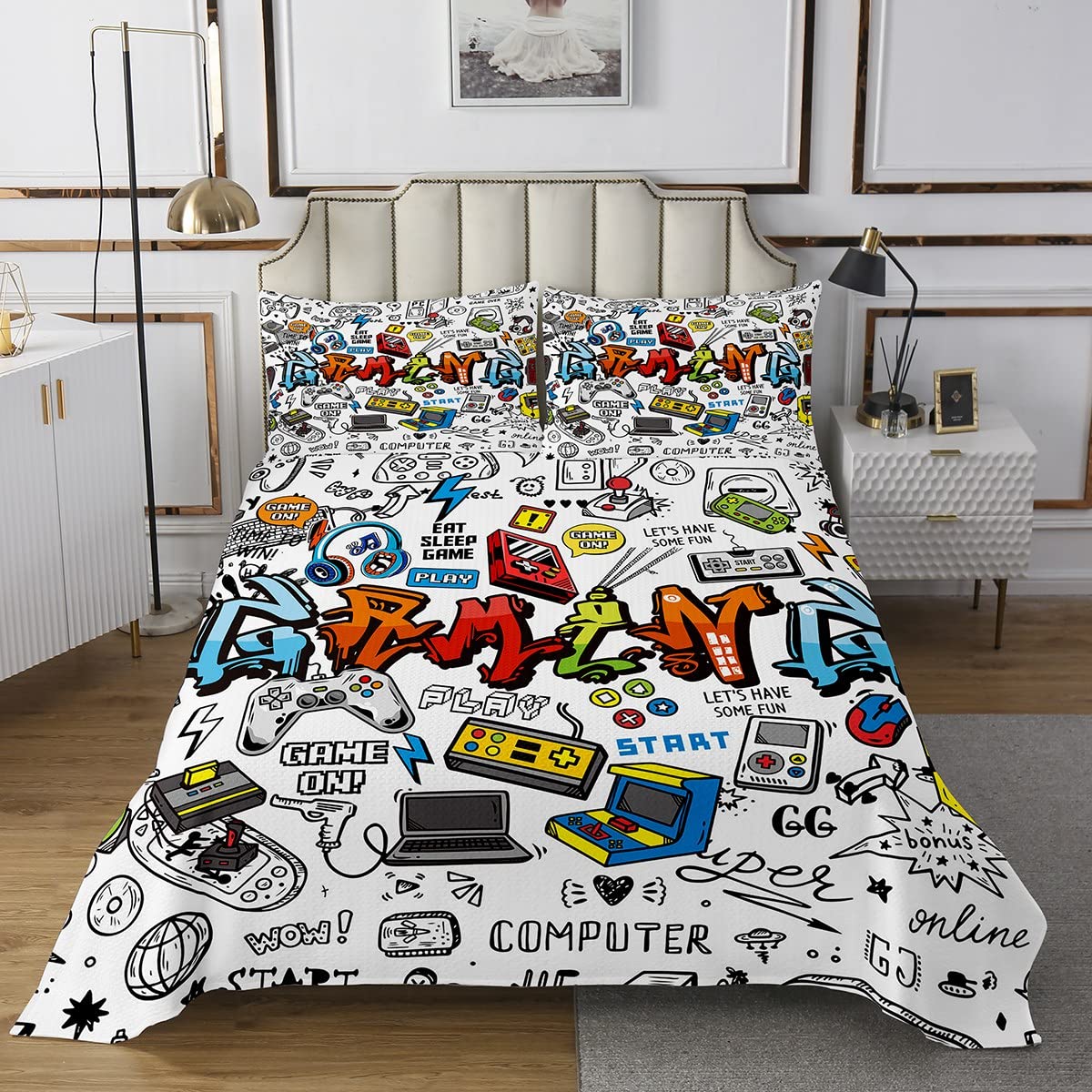 Loussiesd Juego de colcha acolchada para cama individual, multicolor, gamepad de grafiti, colcha acolchada para niños, adolescentes, controlador de juego moderno