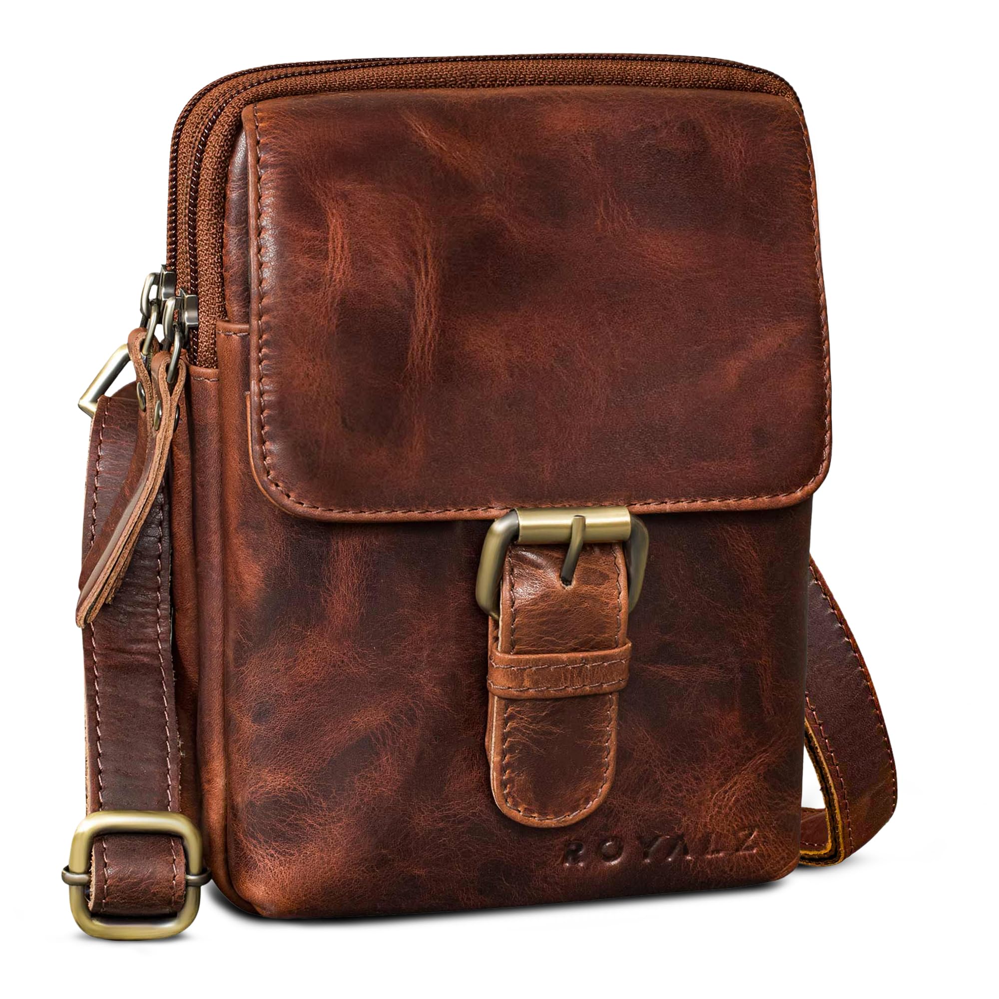 ROYALZ "Dalton Sac bandoulière homme cuir véritable | Sacoche vintage 3-en-1 : petite sacoche à bandoulière, sac téléphone et sac ceinture, compact et élégant