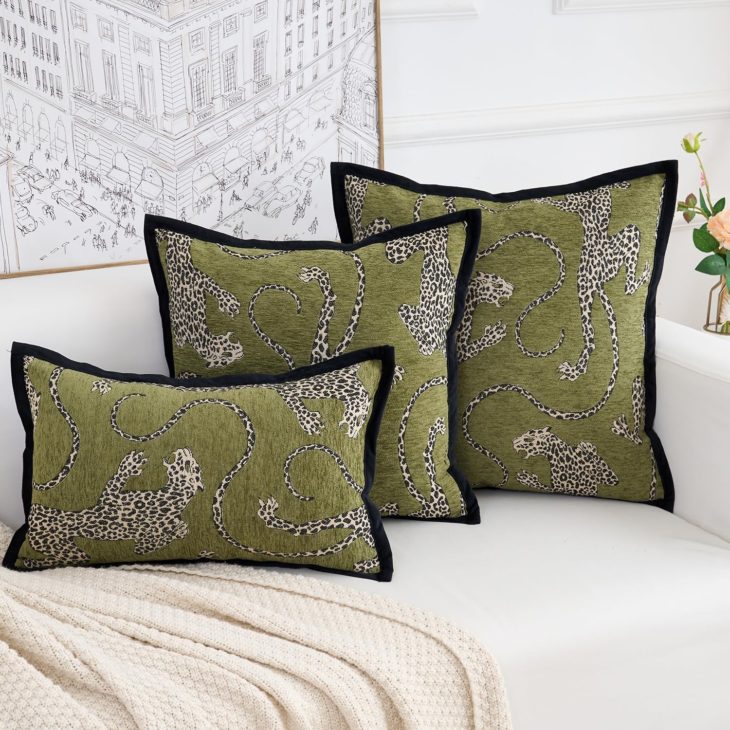 Premium Series, Snow Leopard Throw Pillow Covers, Animal Jacquard Cushion Cases for Home Decor, Chenille Velvet Double-Sided Designs, Dark Green, 20 x 20 inch, Covers Only