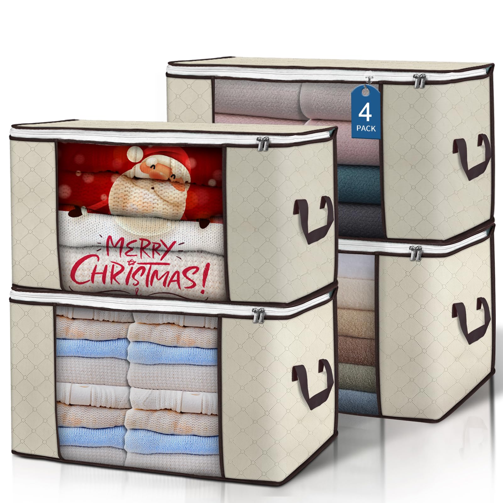 90 L Large Storage Bags, 4 Pack Clothes Storage Bins Foldable Closet Organizers Storage Containers with Reinforced Handle for Clothing, Blanket, Comforters, Bed Sheets, Pillows and Toys (Beige)