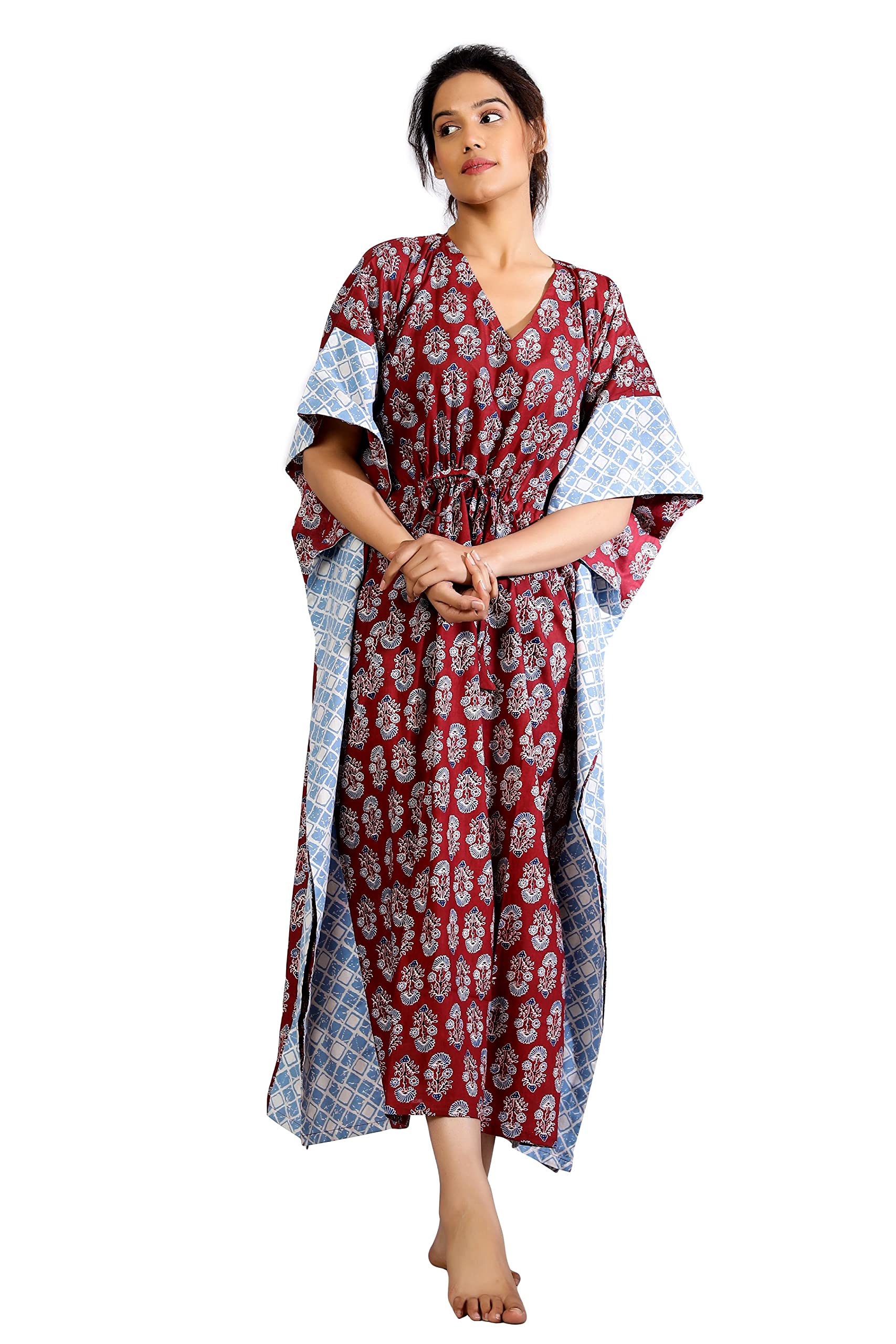 Ravaiyaa - Attitude is everything Women's Cotton Printed Maxi Kaftan Sleepwear Nightdress Gown Caftan (Maroon Floral)-image-12