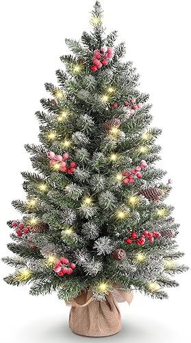 Miniatura 7 de Árbol de Navidad preiluminado de mesa de 2 pies con estrella de árbol, luces LED transparentes, Navidad artificial con base de arpillera para mesa,