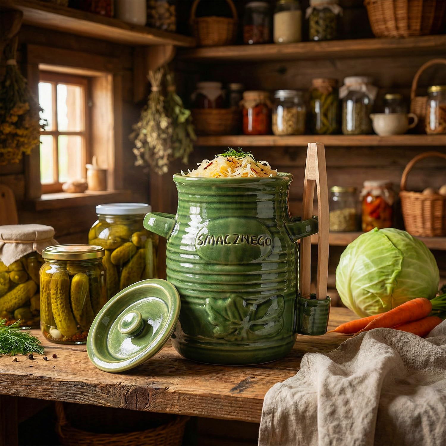 Olla fermentadora de cerámica de 3,5 l con pinzas de madera y tapa – Cacerola de fermentación para verduras, kimchi, pepinos y chucrut – verde esmaltado