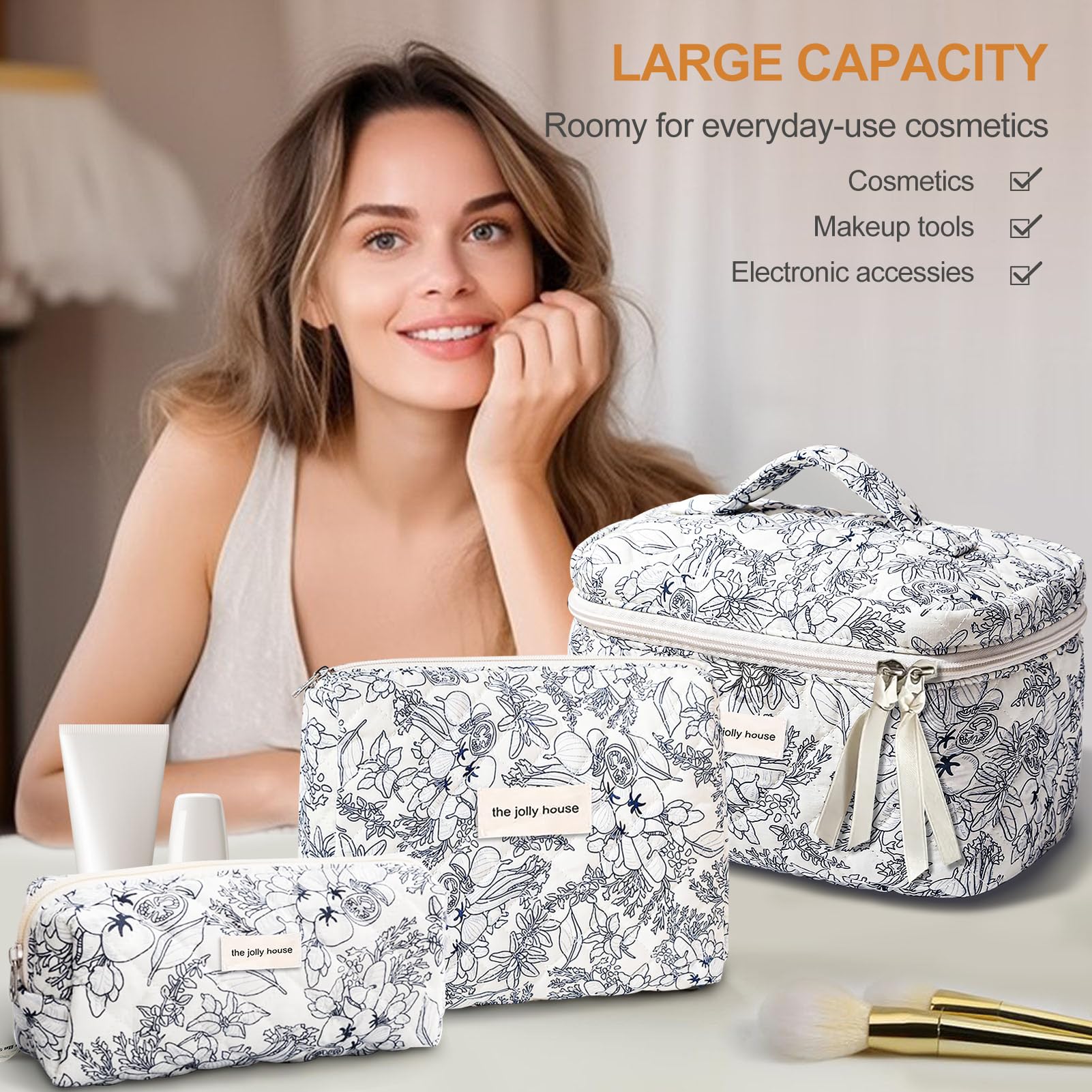 TOPALL Floral Cotton Quilted Makeup Bag - Classic Toiletry Cosmetic Pouch for Women Girls - Cyan Flower (Large + Medium + Pouch) - Image 2