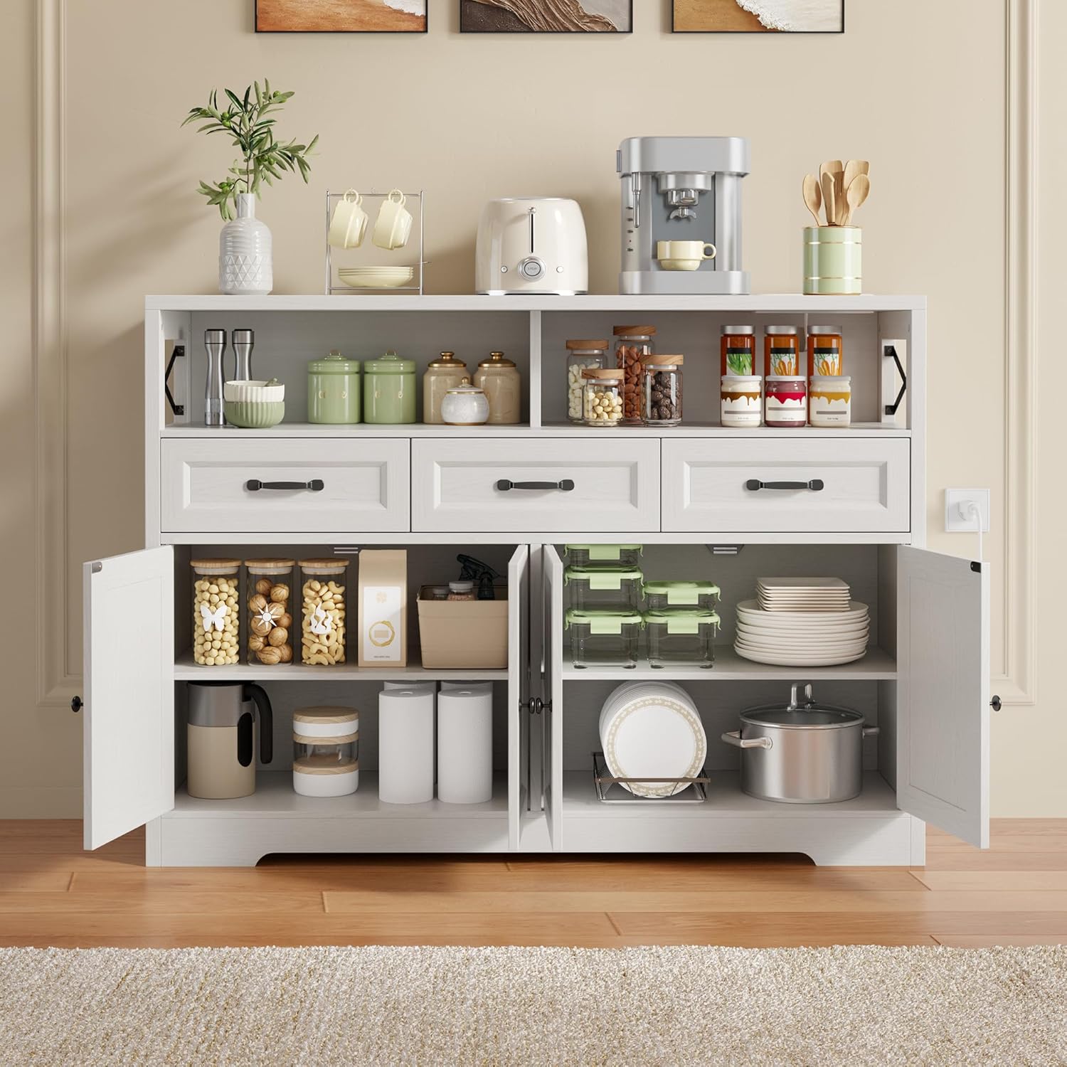 Ahomly 51" Buffet Cabinet with Adjustable Storage, Charging Port - 3 Drawers & 4 Doors Large Sideboard, Multi - Scene Coffee Bar/Microwave Stand for Kitchen,Living Room,Entryway（White）