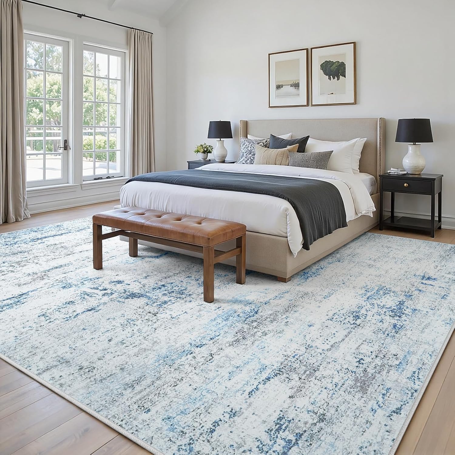 Area Rugs 10x14 Living Room: Large Soft Washable Rug Modern Abstract Anti-Skid Non-Shedding Carpet Indoor Floor Thin Carpets for Bedroom Dining Room Farmhouse Nursery Home Office White Gray Blue