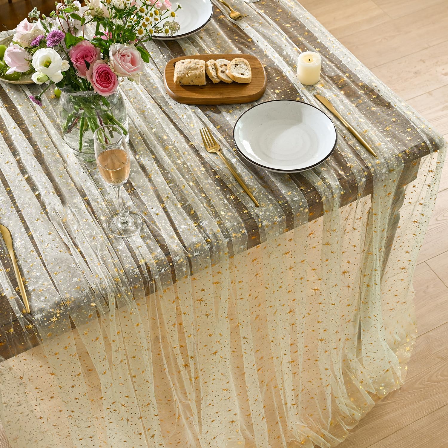 Photo 1 of Horaldaily Beige Gold Sparkling Star Gauze Tablecloth 60x140 Inch Rectangular, Golden Star Sequin Glitter Metallic Foil, Sheer Tulle Cheesecloth for Wedding Baby Shower Party