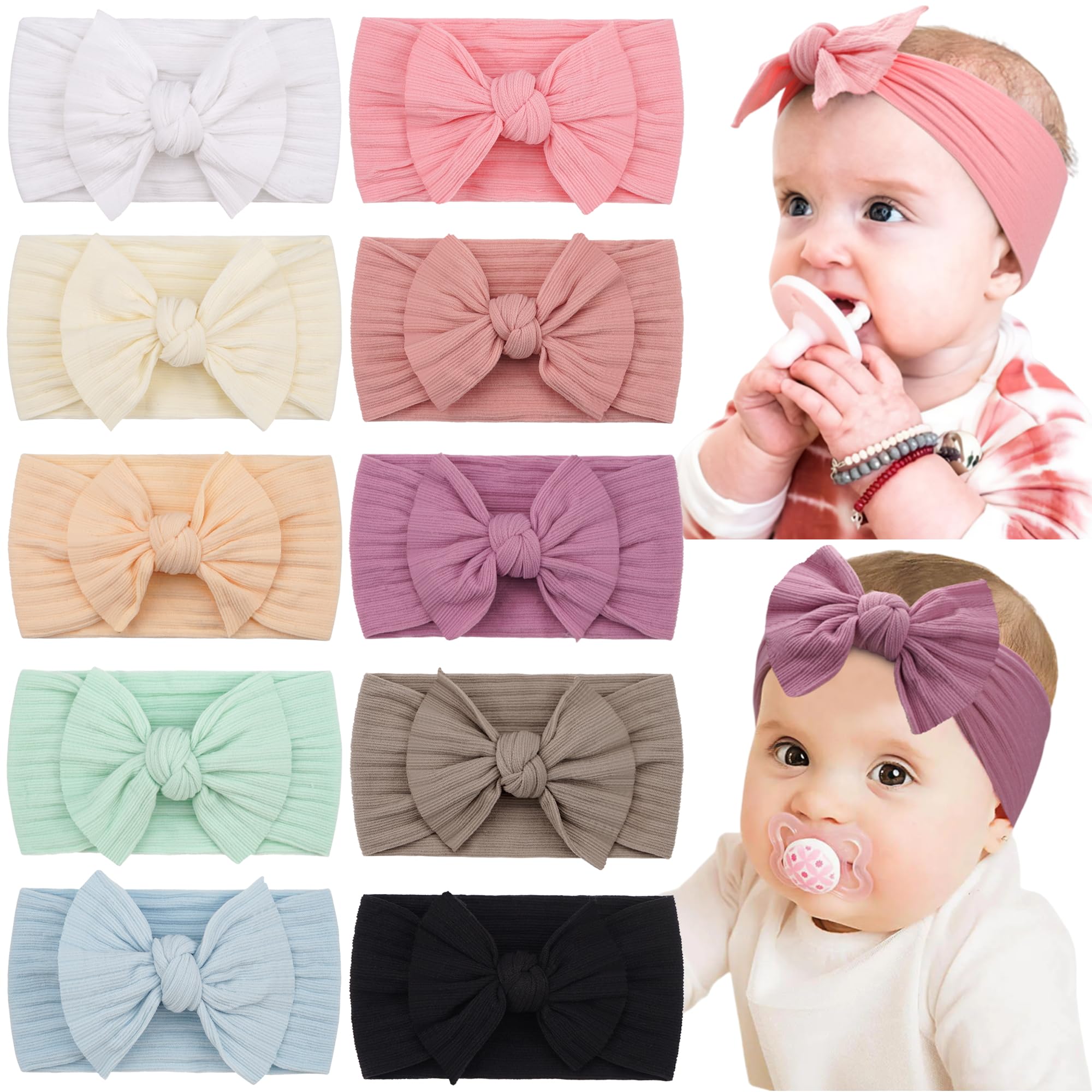 CELLOT - Diademas de nailon para bebé niña, 10 colores, súper elásticas, suaves y con nudo, con lazos para el pelo, para recién nacidas, bebés, niños pequeños