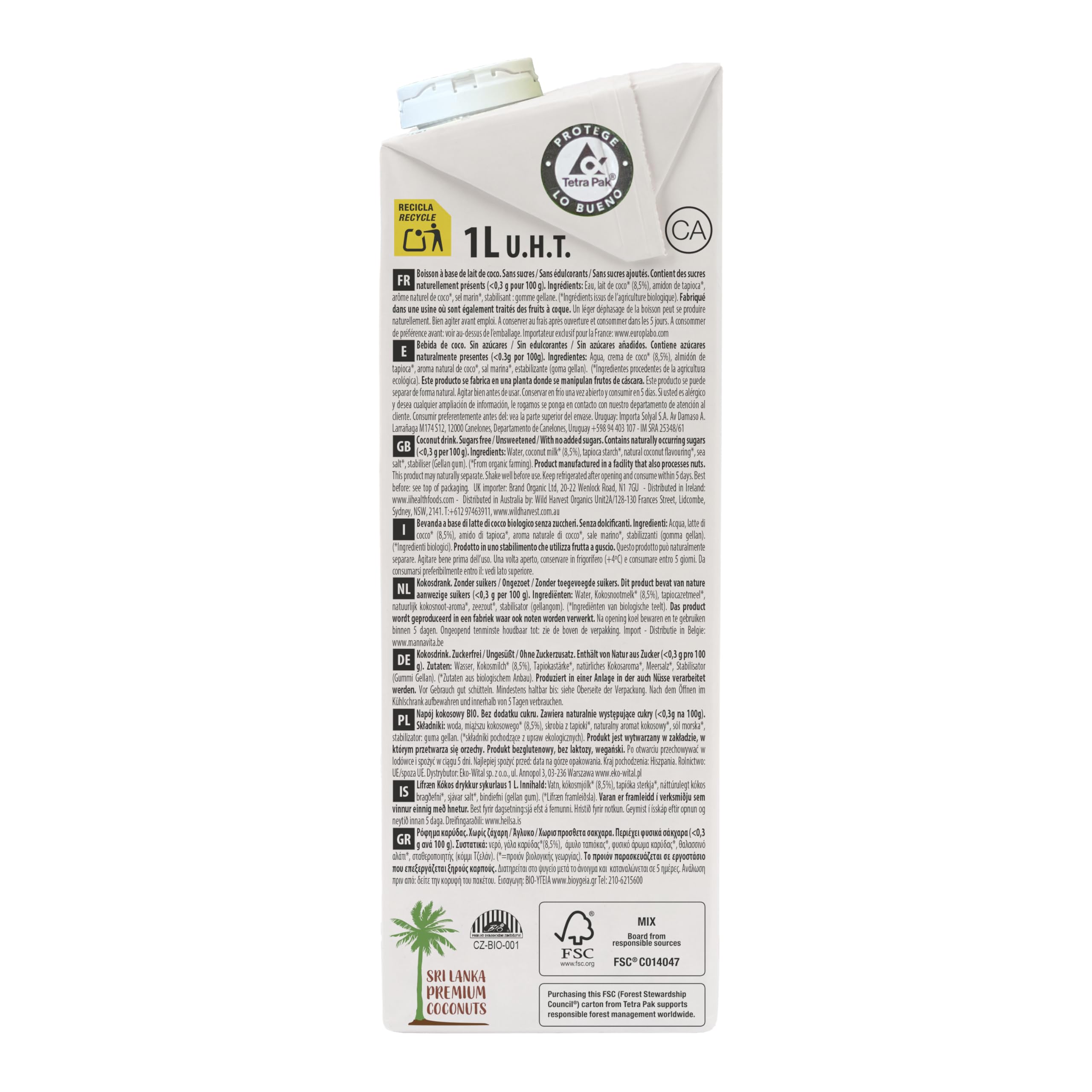 ECOMIL Coconut Nature Bio Bebida Vegetal De Coco Sin Azúcar Producto Ecológico 1000 Mililitro