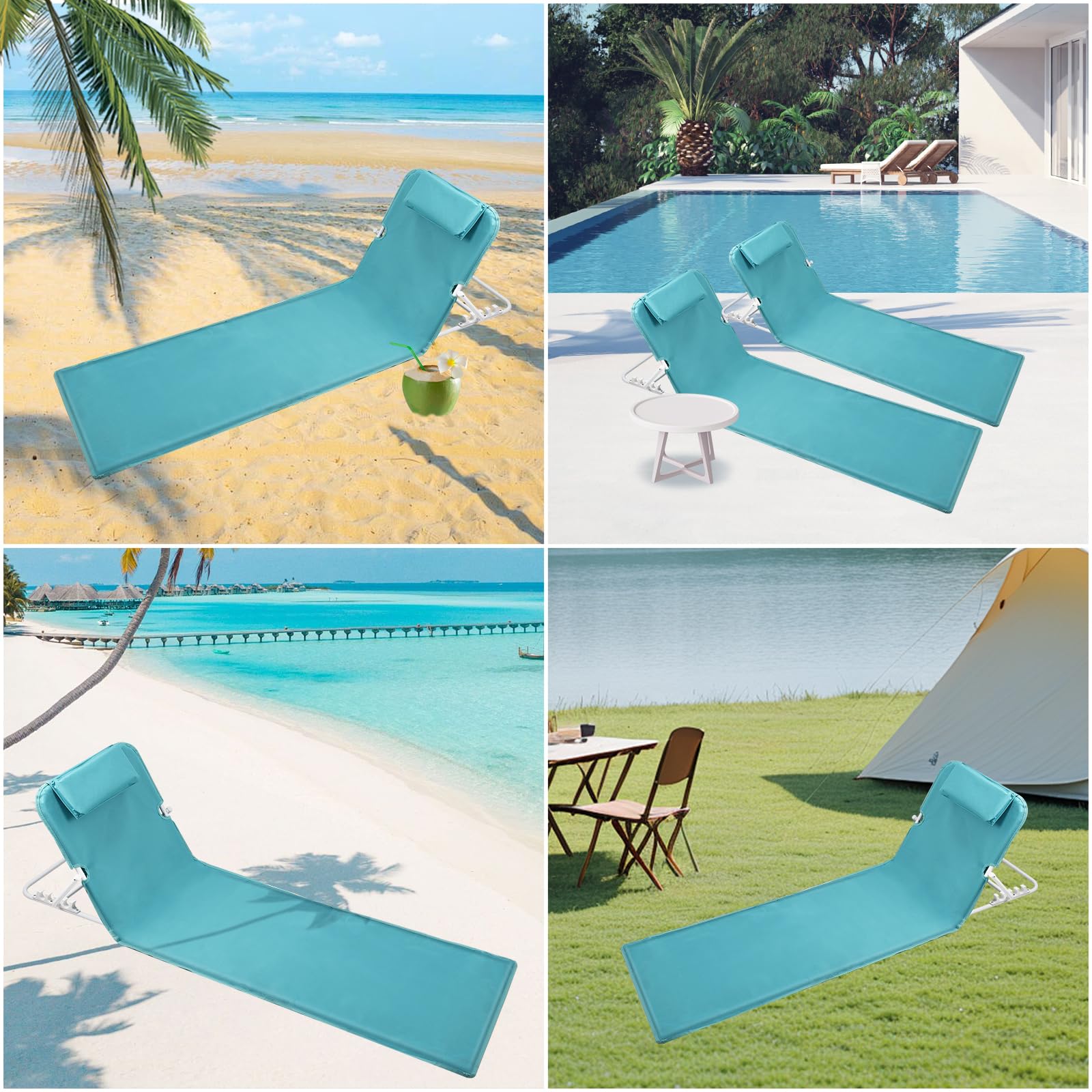 Lot de 2 Tapis de Plage, Bain de Soleil, Chaise Longue, Transat de Plage, avec Appui-tête - Bandoulières - Dossier Réglable 5 Positions, pour Camping, Jardin, Piscine, 160 x 52 cm, Bleu Lac