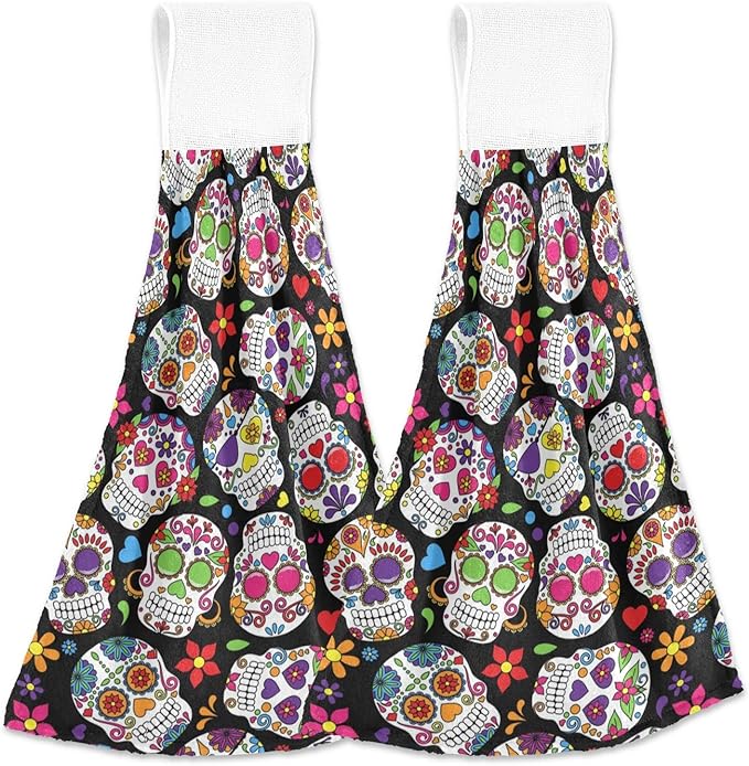 ALAZA Halloween Colorful Floral Sugar Skull Black Hanging Kitchen Hand Towels with Loop Super Absorbent Hand Towels Machine Washable 2 Piece Sets