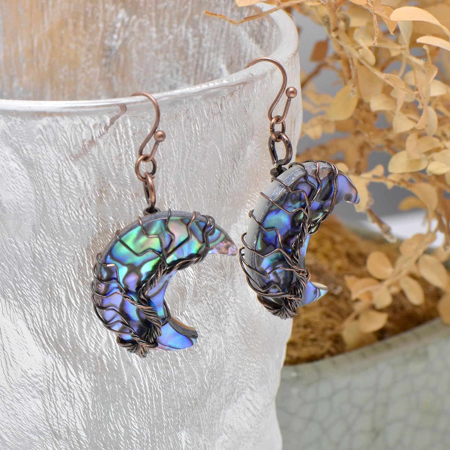Handmade Moon shaped Abalone Shell Dangle Earrings for Women, Bronze Wire Craft Tree of Life Earrings - Image 5