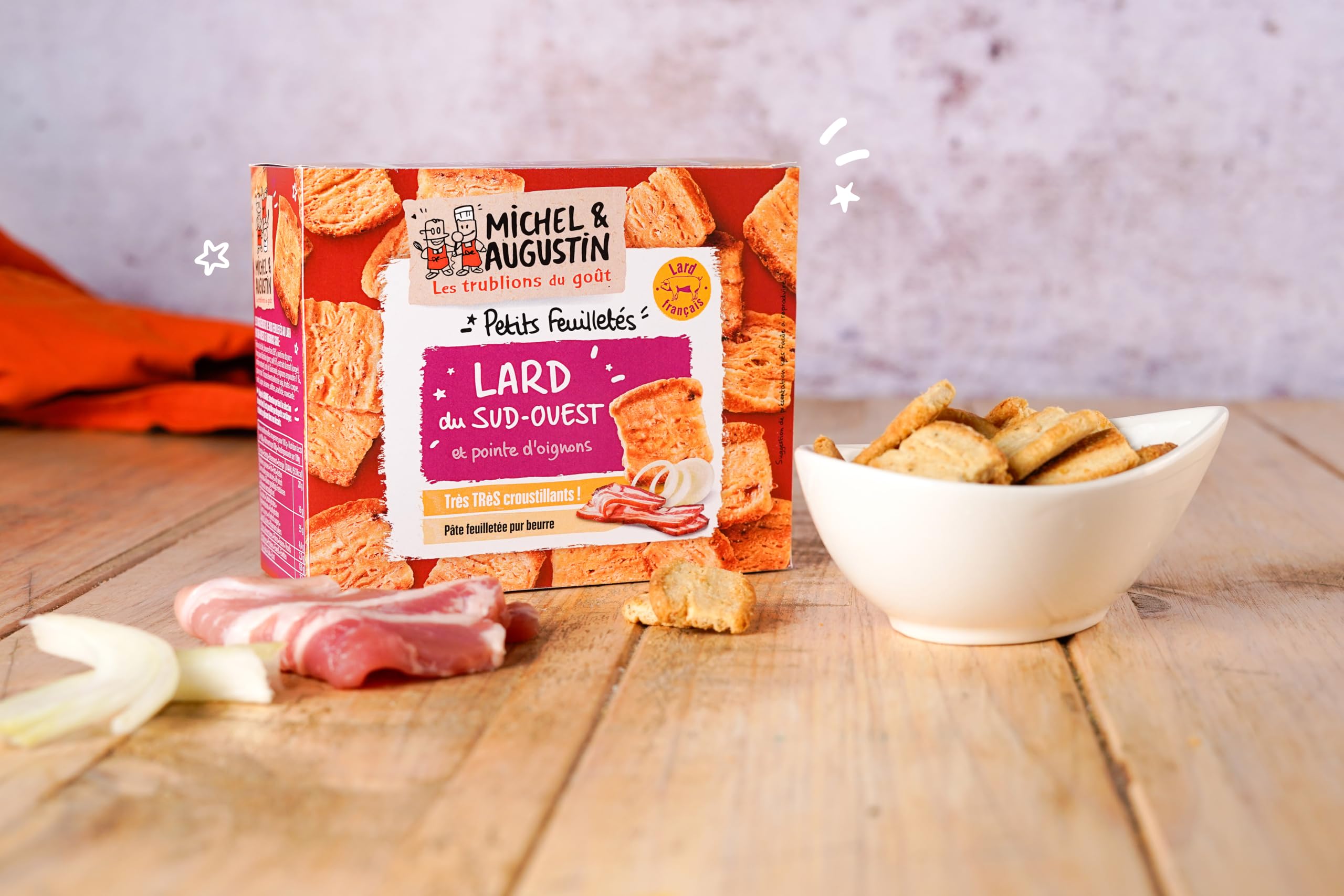 Michel & Augustin – Petits feuilletés au Lard du Sud-Ouest et pointe d’oignons – Pâte feuilletée pur beurre – Biscuit apéritif croustillant 80g x 9