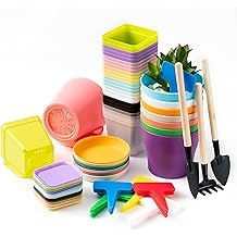 70Pcs Gardening Tools Set - Colorful 8 Pack Round Plastic Planters 24Pcs Square Plastic Plant Pots with T-Type Tags Nursery Garden Labels and Garden Hand Tools for Seedling, Transplanting, Cutting