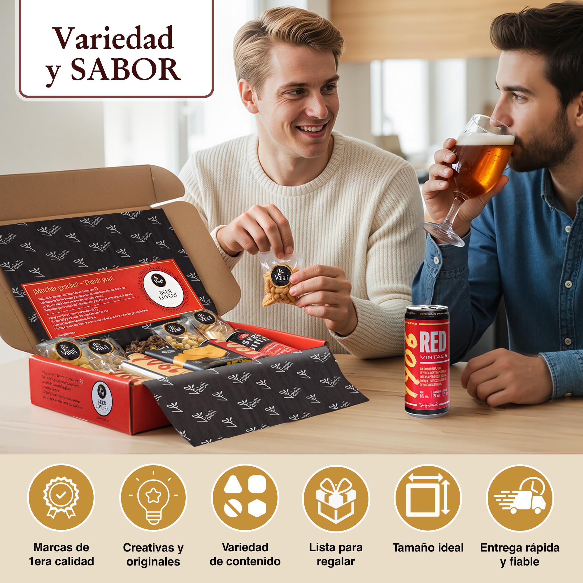 Valeli.Cesta Cervezas Estrella Galicia. Cesta gourmet regalo original con frutos secos y snacks. Regalo para él, ella, amigo, SAN VALENTÍN, cumpleaños, padre, enamorados (ESTRELLA GALICIA)