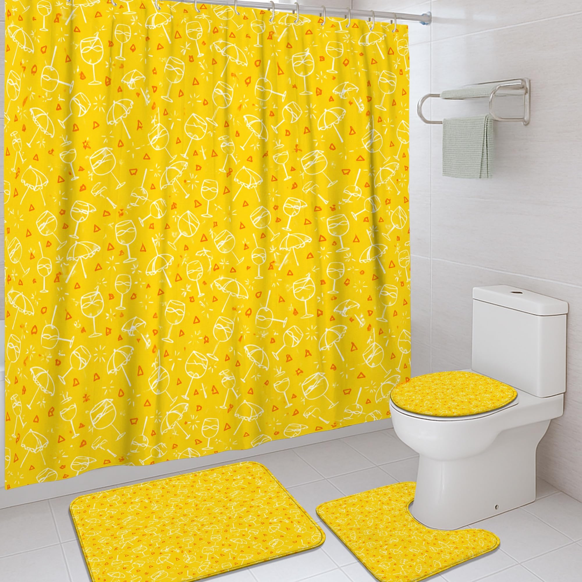 Rideau de douche cocktail jaune lavable en toile avec tapis de bain et crochets de baignoire