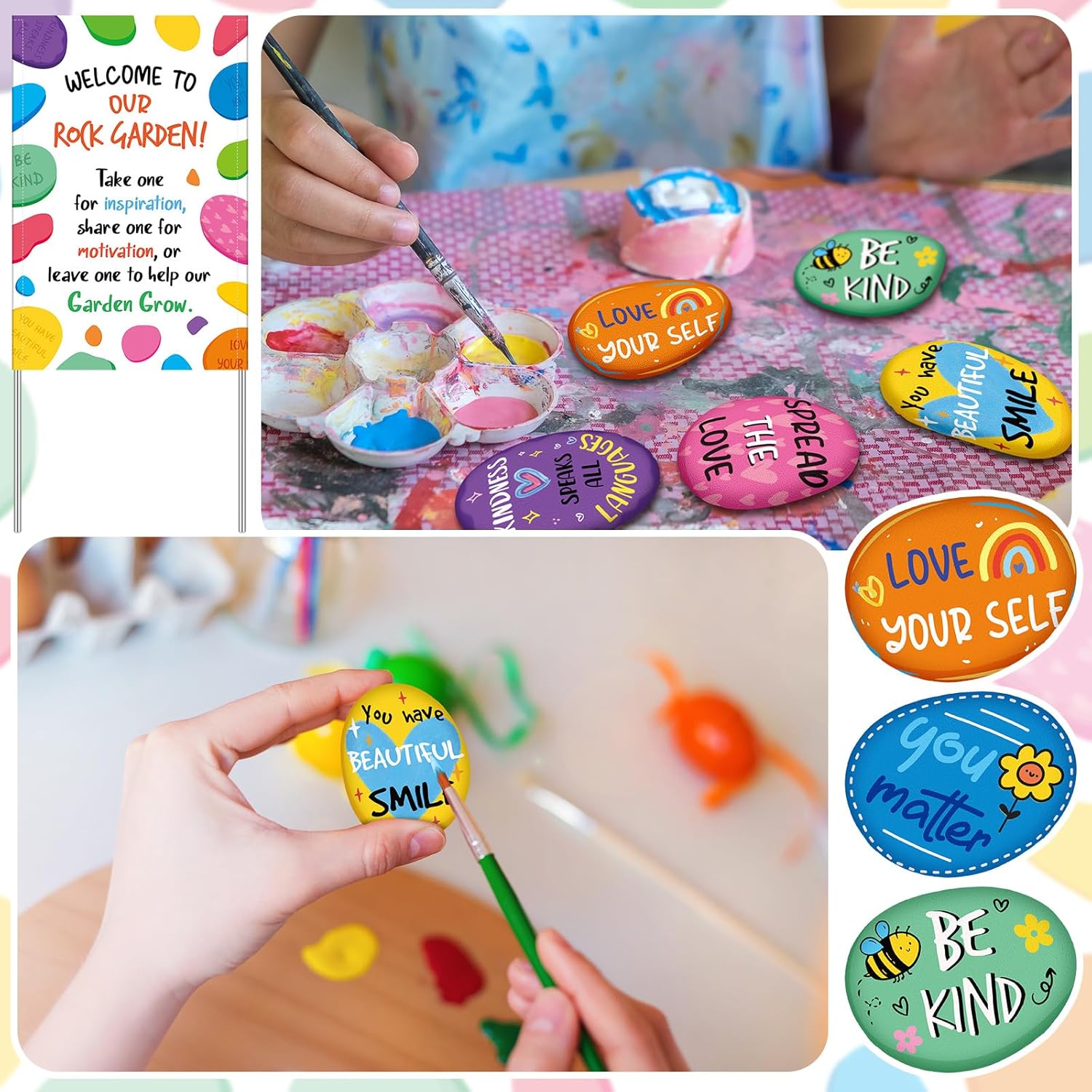 Yalikop 46 Pcs Rock Garden Decor Painting Rocks with Welcome to Our Rock Garden Sign for DIY Painting for School Community World Kindness Week Decorations