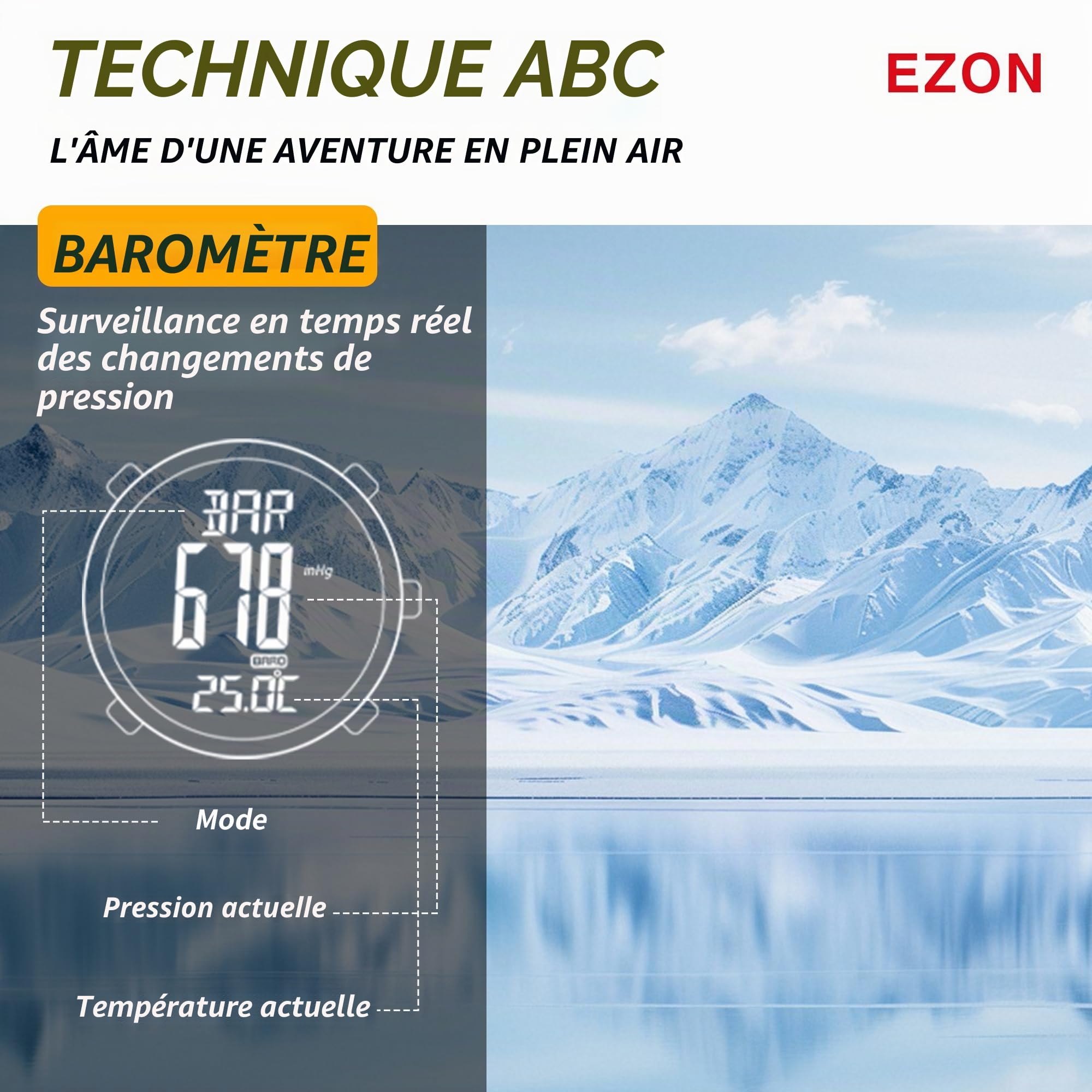 EZON H001 Montre de sport étanche pour homme avec boussole, thermomètre, baromètre, altimètre, noir