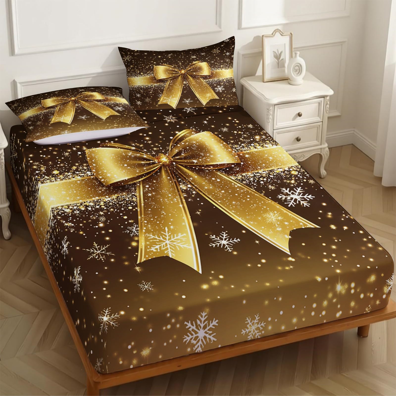 Lenzuolo con Angoli 180 x 200 cm Microfibra Biglietti di Natale Lenzuolo Sotto Elasticizzato Profondo 25 cm oro per Singolo e Matrimoniale