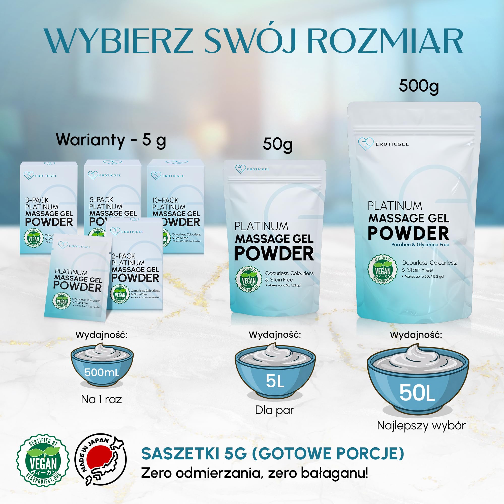 Japoński żel do masażu Nuru w proszku Platinum 500g, zapewnia 50 litrów