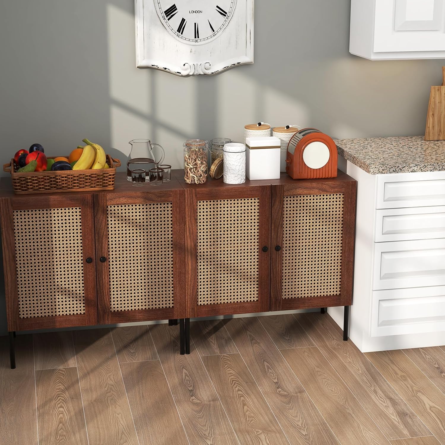 Giantex Buffet Cabinet Set of 2, Wood Sideboard Storage Cabinet with Rattan Door, 3-Position Adjustable Shelf, Freestanding Coffee Bar Accent Cabinet, Kitchen Cupboard Organizer for Living Room
