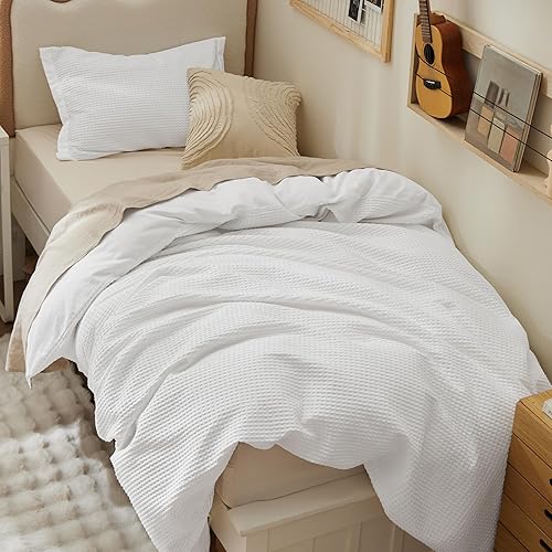Bedsure Cotton Duvet Cover Twin - 100% Cotton Waffle Weave Coconut White Duvet Cover Twin Size, GentleSoft™ and Breathable Bedding Set for Gifts, 2 Pieces, 68"x90"